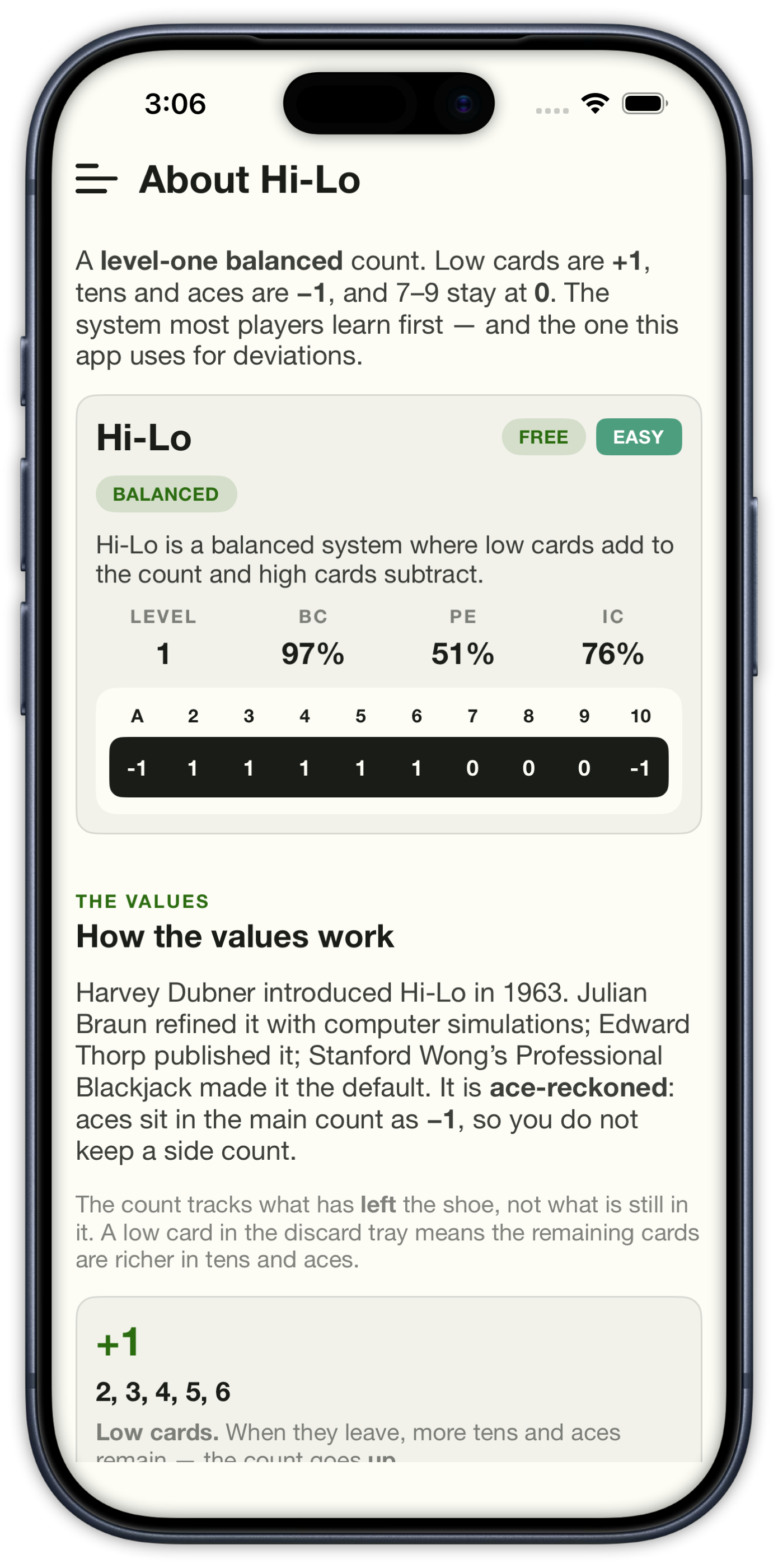 About Hi-Lo screen with card values, efficiency stats, and how the count works