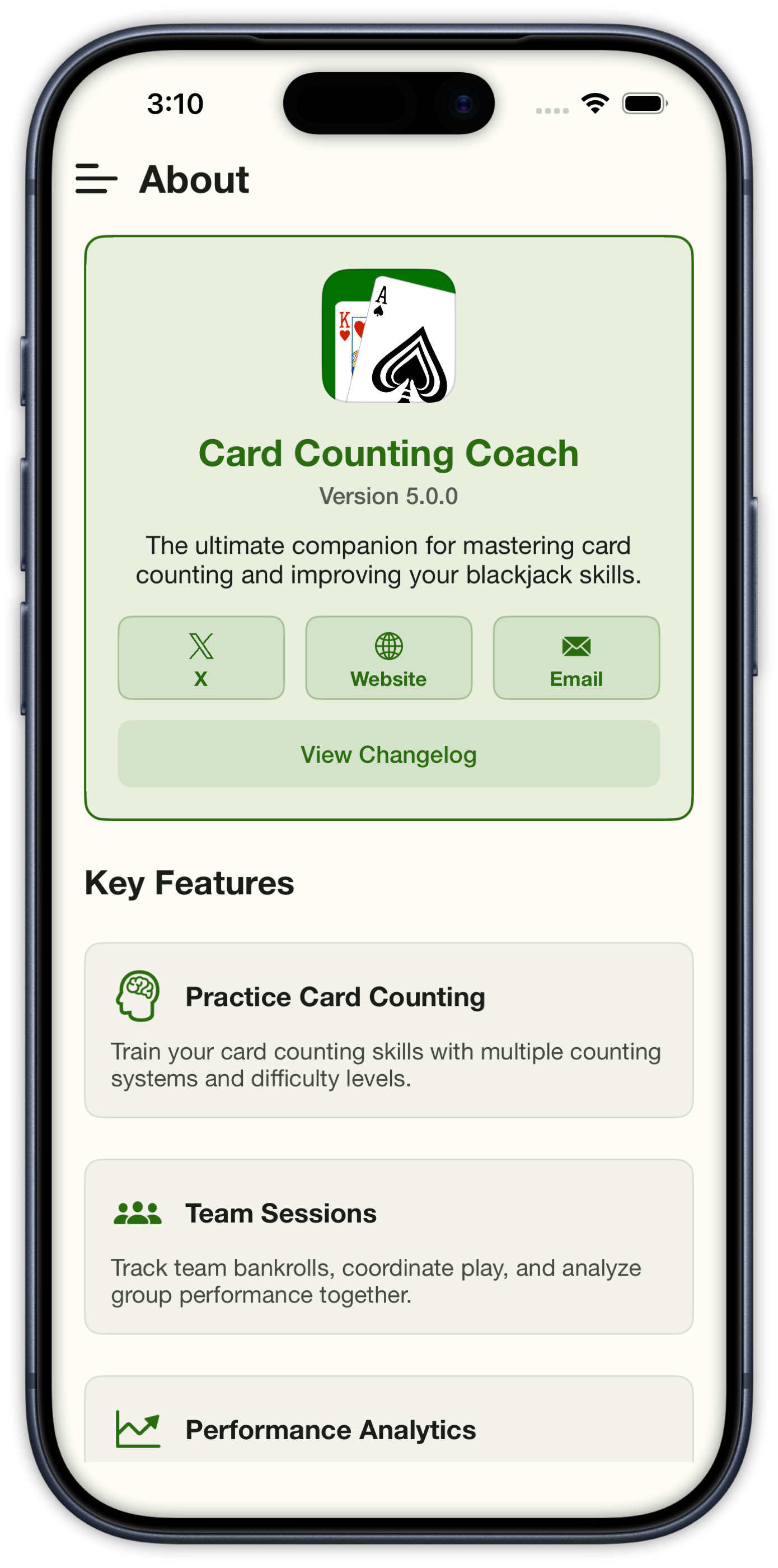 In-app About screen with version, tagline, and key features