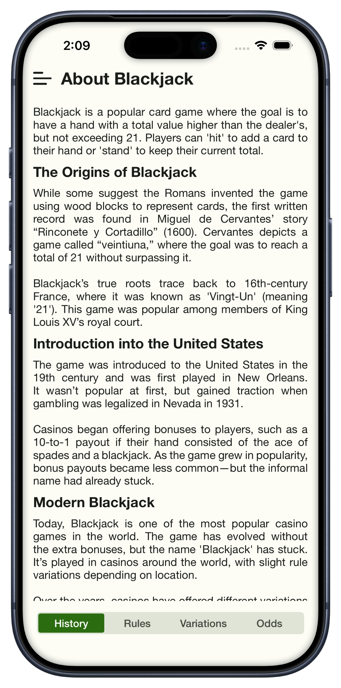 About Blackjack educational screen in the app