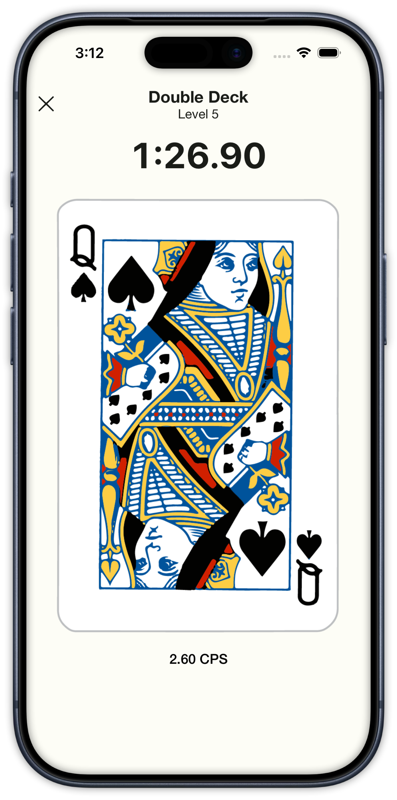 Beat the Clock Double Deck level with a running timer and cards-per-second pace