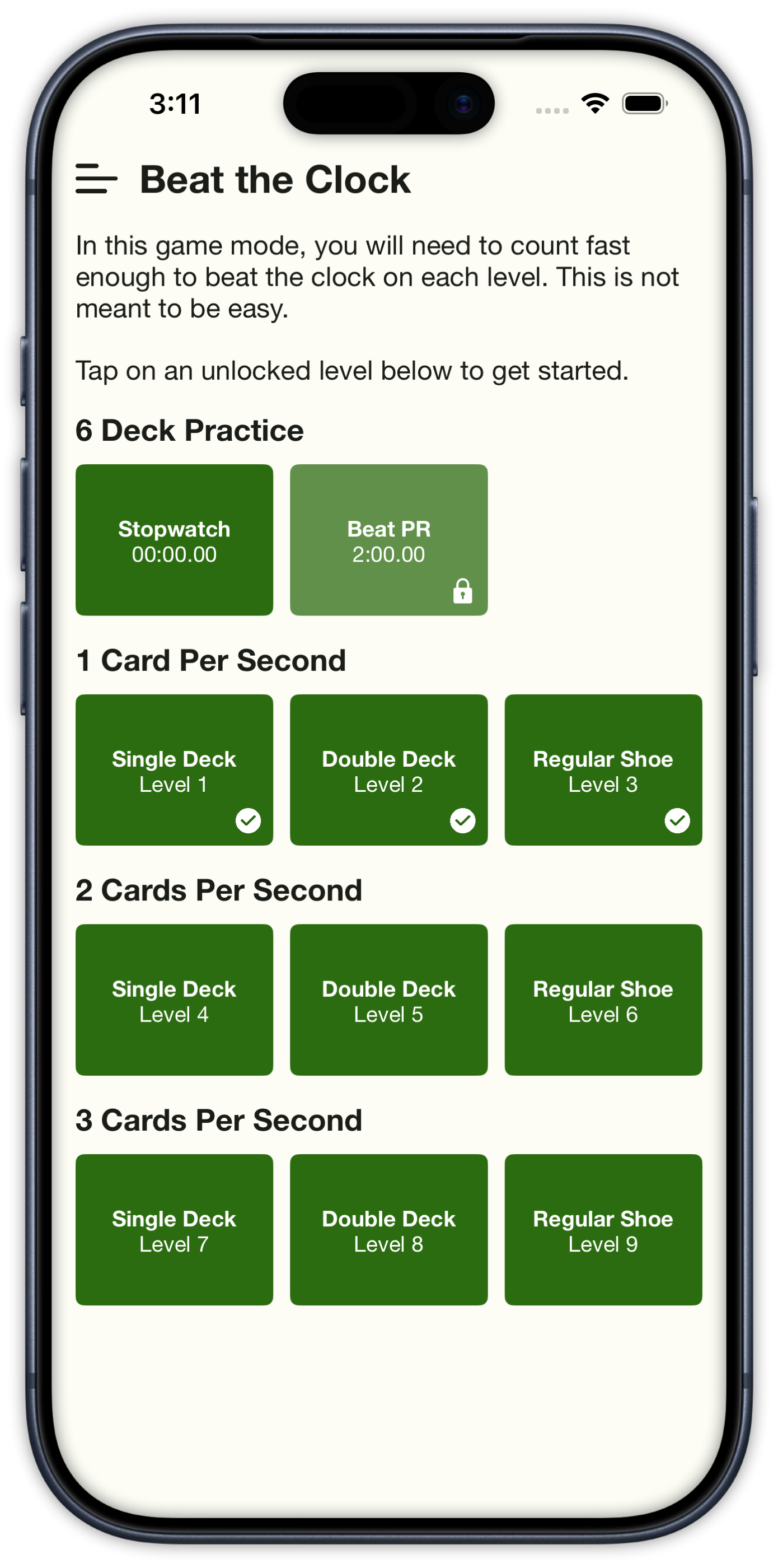 Beat the Clock level select with timed decks and cards-per-second drills