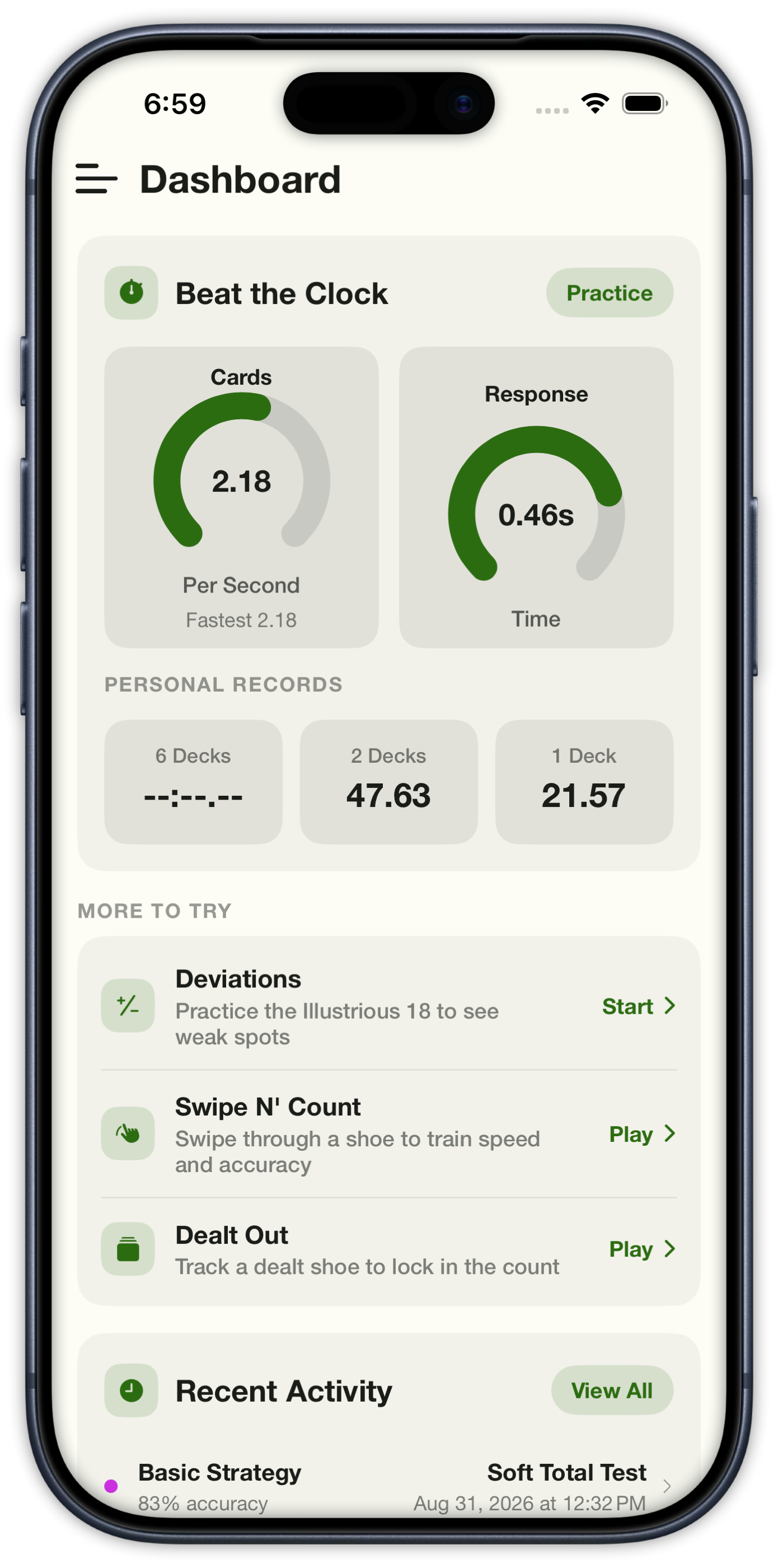 Dashboard Beat the Clock stats with cards per second, response time, and personal records