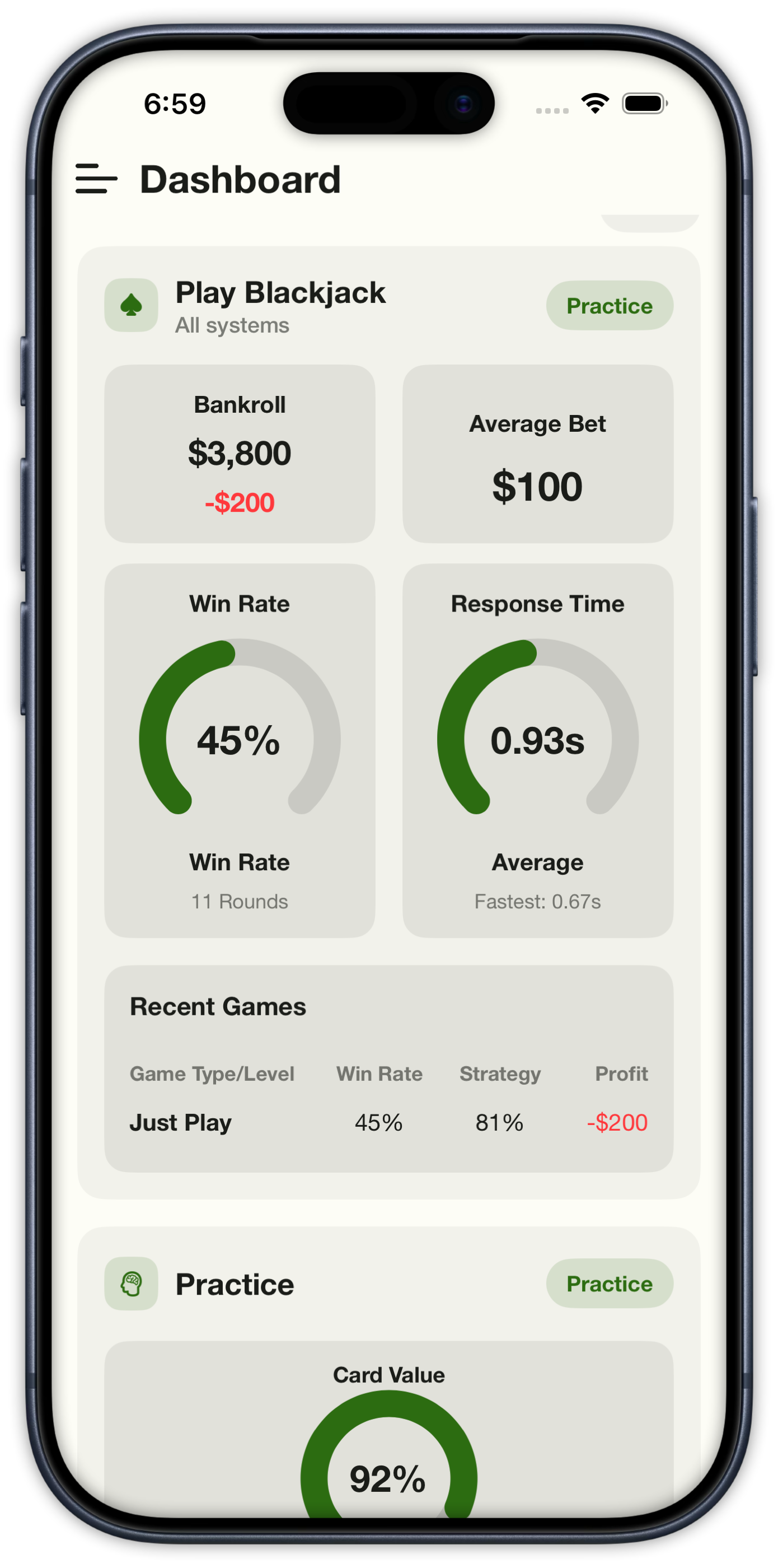 Dashboard Play Blackjack stats with bankroll, average bet, win rate, and recent games