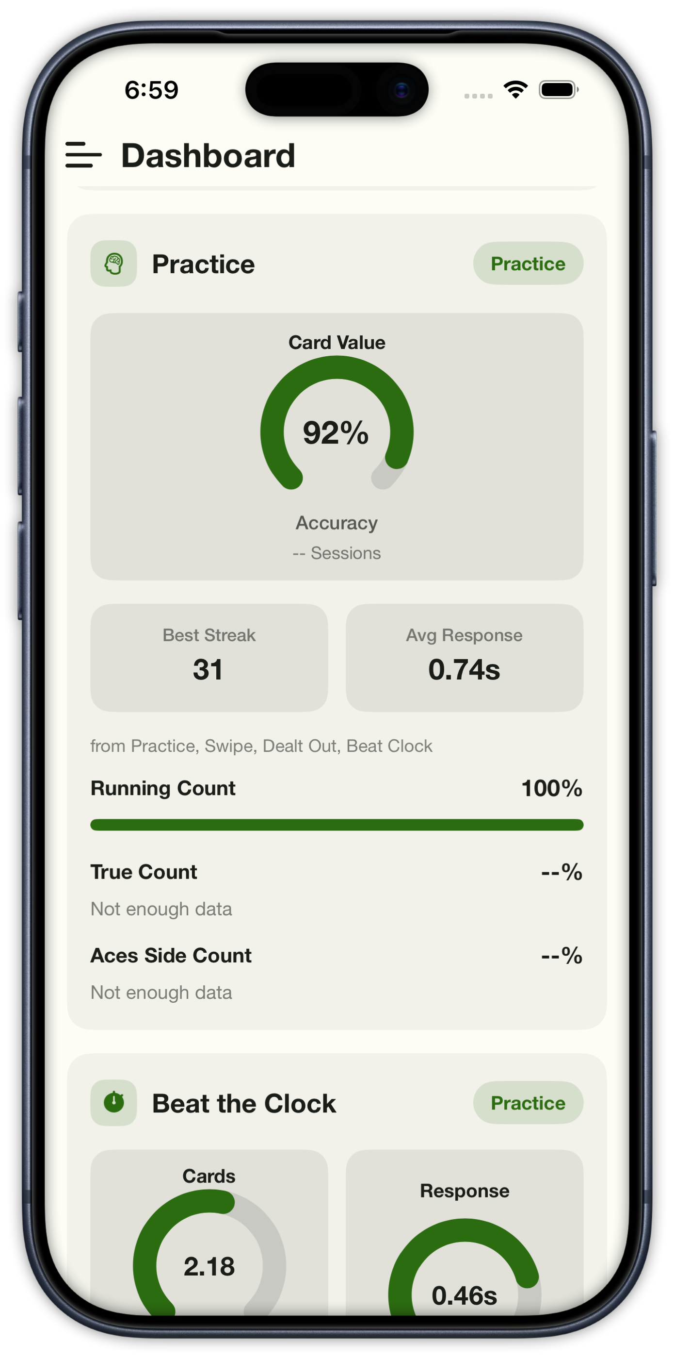 Dashboard Practice stats with 92 percent card-value accuracy, best streak, and running count