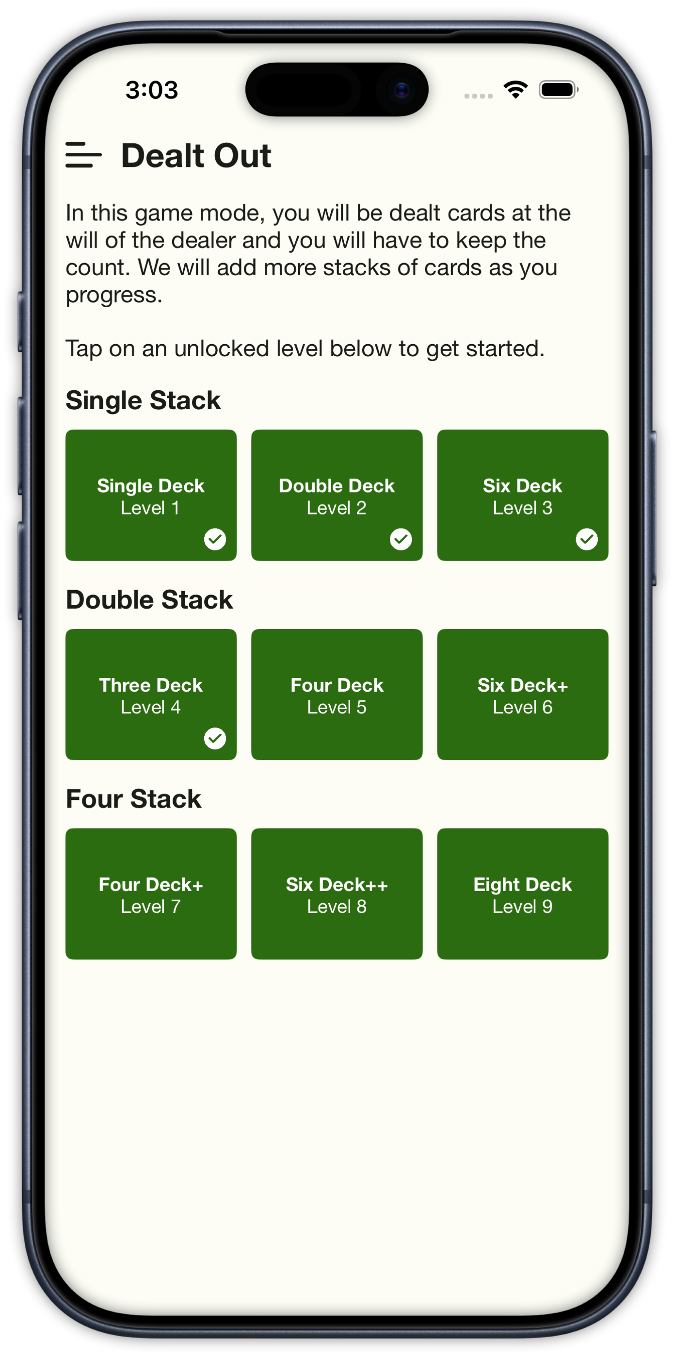 Dealt Out level select grouped by single, double, and four stacks