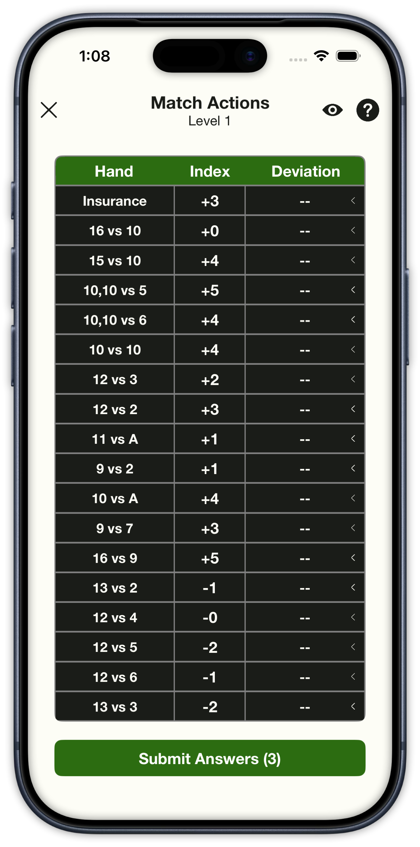 Match Actions drill to fill in the deviation for each Illustrious 18 hand