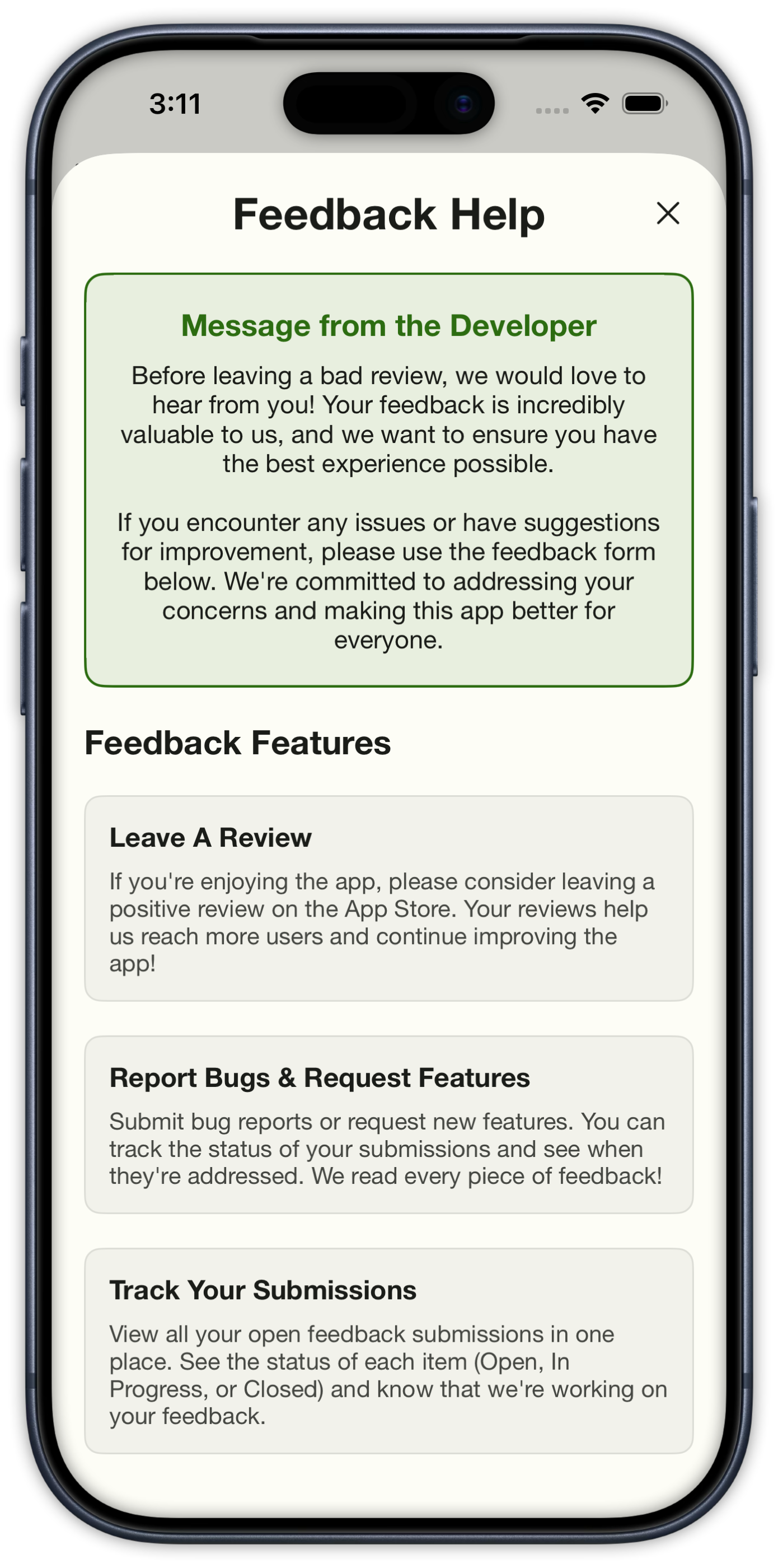 Feedback Help screen for reviews, bug reports, and tracking submissions