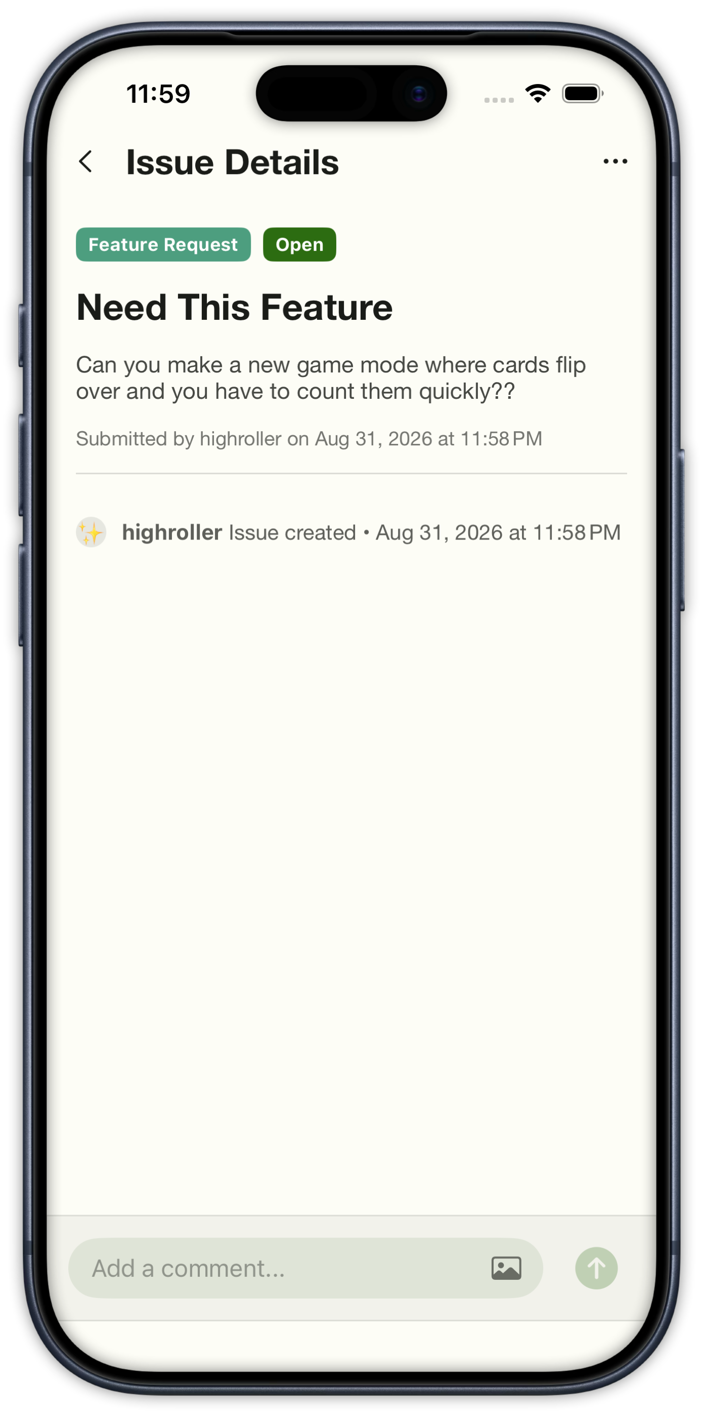 Issue details with status tags, description, and a comment field