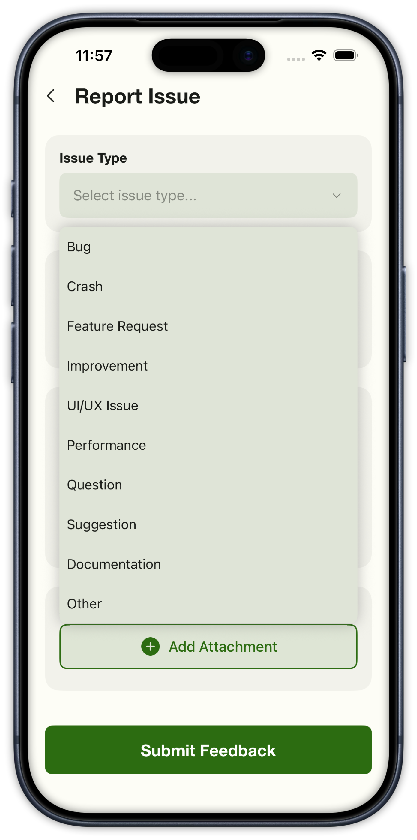 Issue type picker with bug, crash, feature request, and other categories