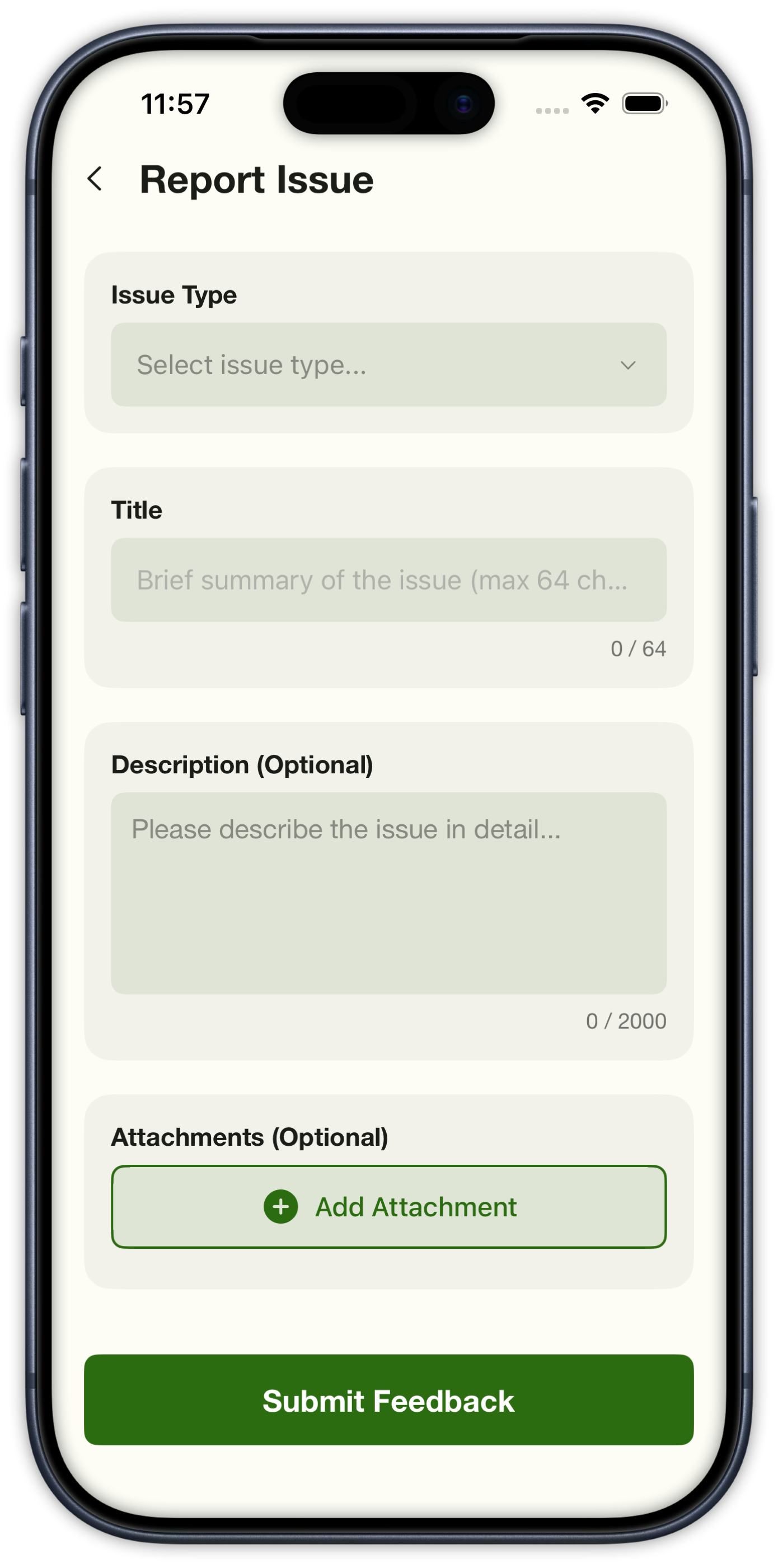 Report Issue form with title, description, and optional attachments