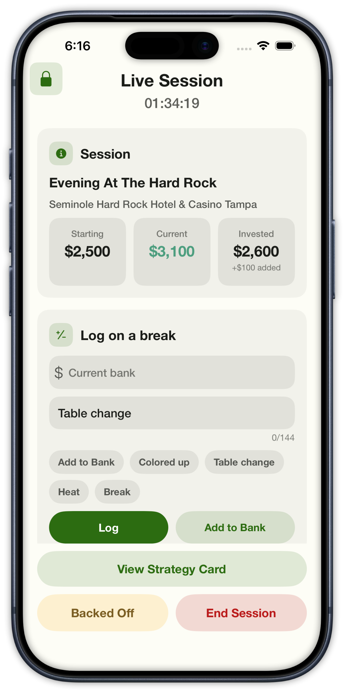 Live session with starting, current, and invested bankroll plus break logging