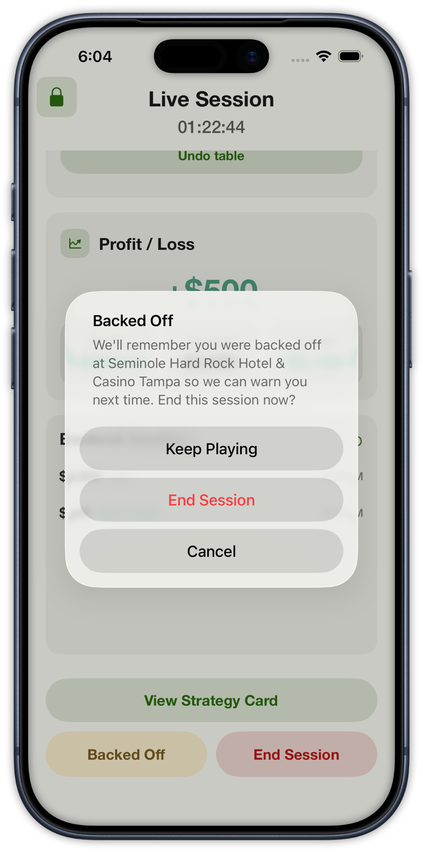 Backed Off alert that remembers the casino and can end the session