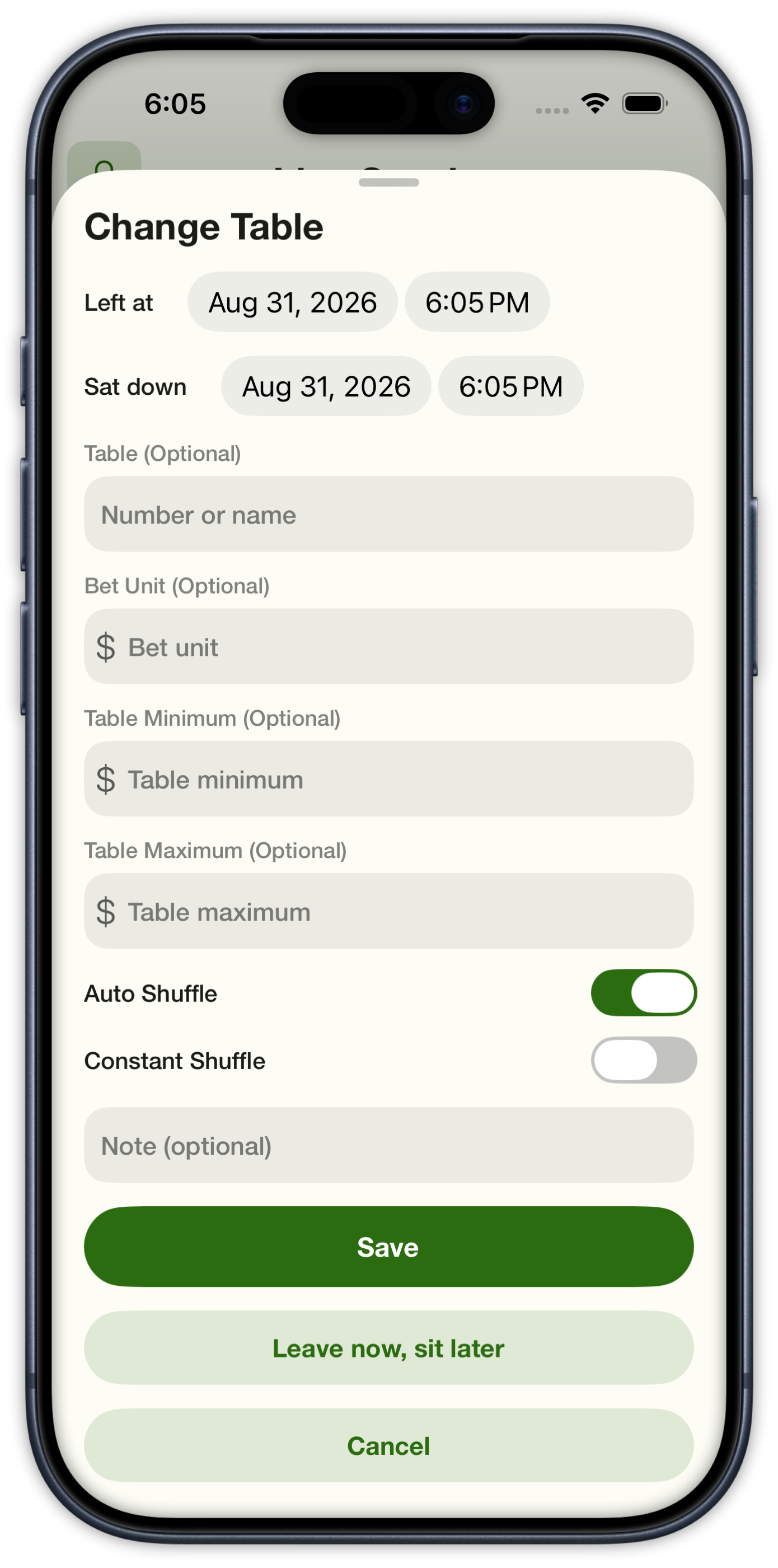 Change Table sheet with leave and sit times, bet unit, and shuffle type