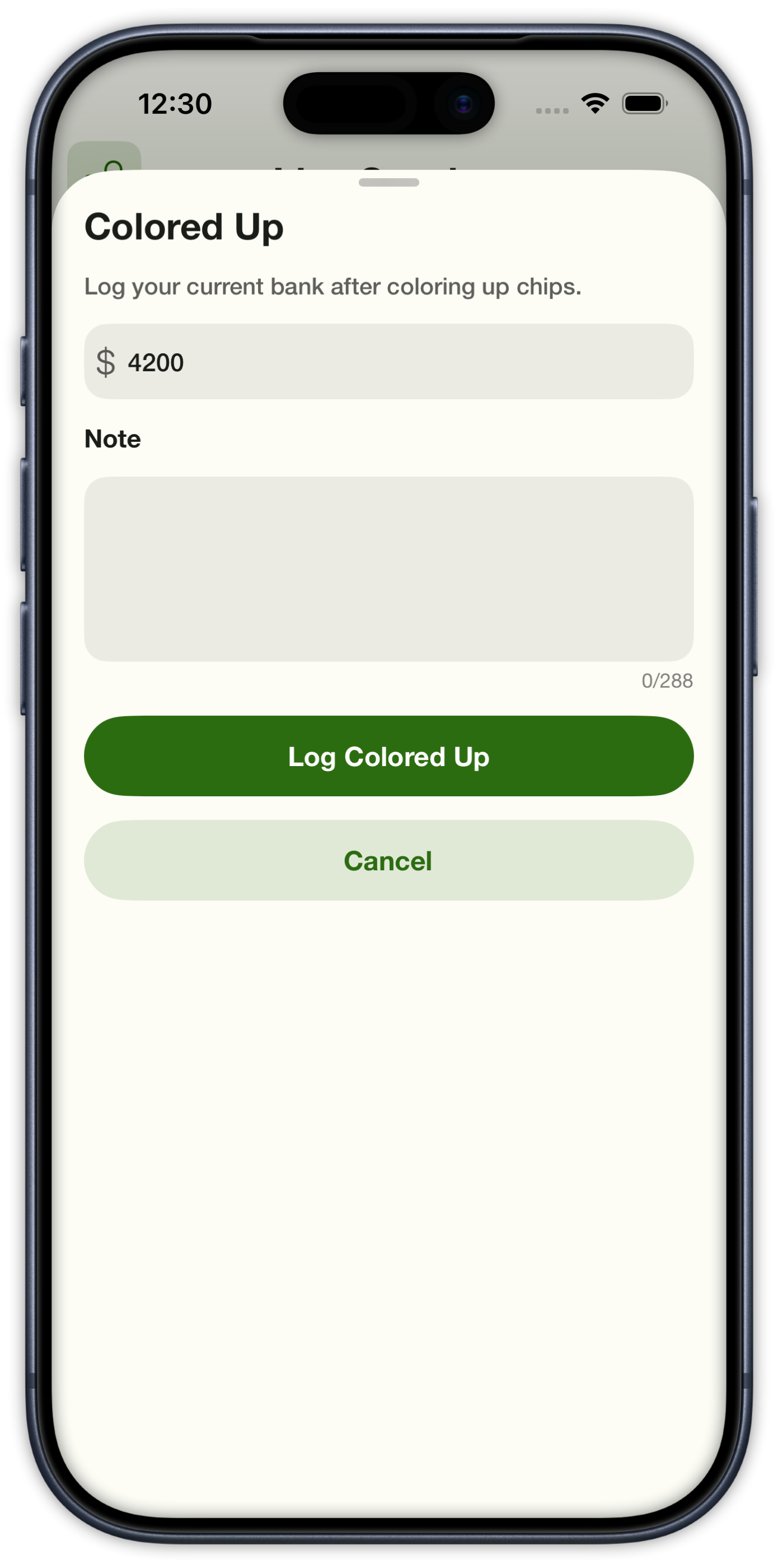 Colored Up sheet to log current bank after exchanging chips