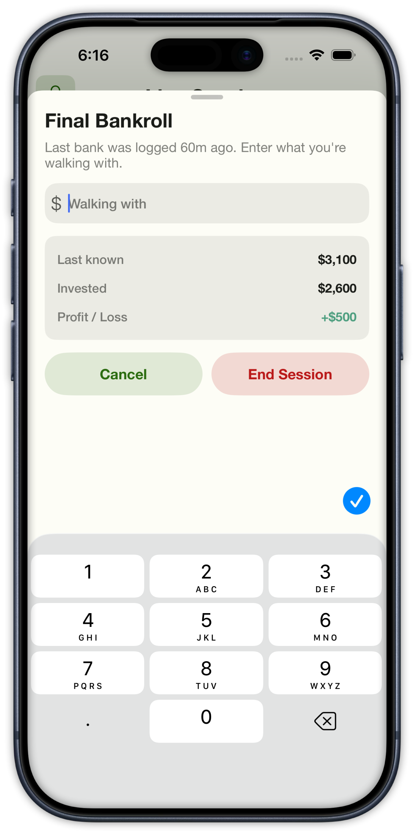 Final Bankroll prompt asking what you are walking with