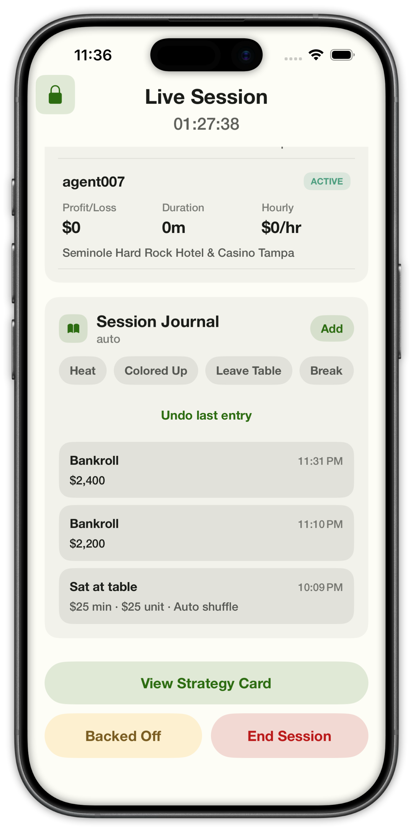 Session Journal with Heat, Colored Up, Leave Table, and Break quick actions plus a bankroll log