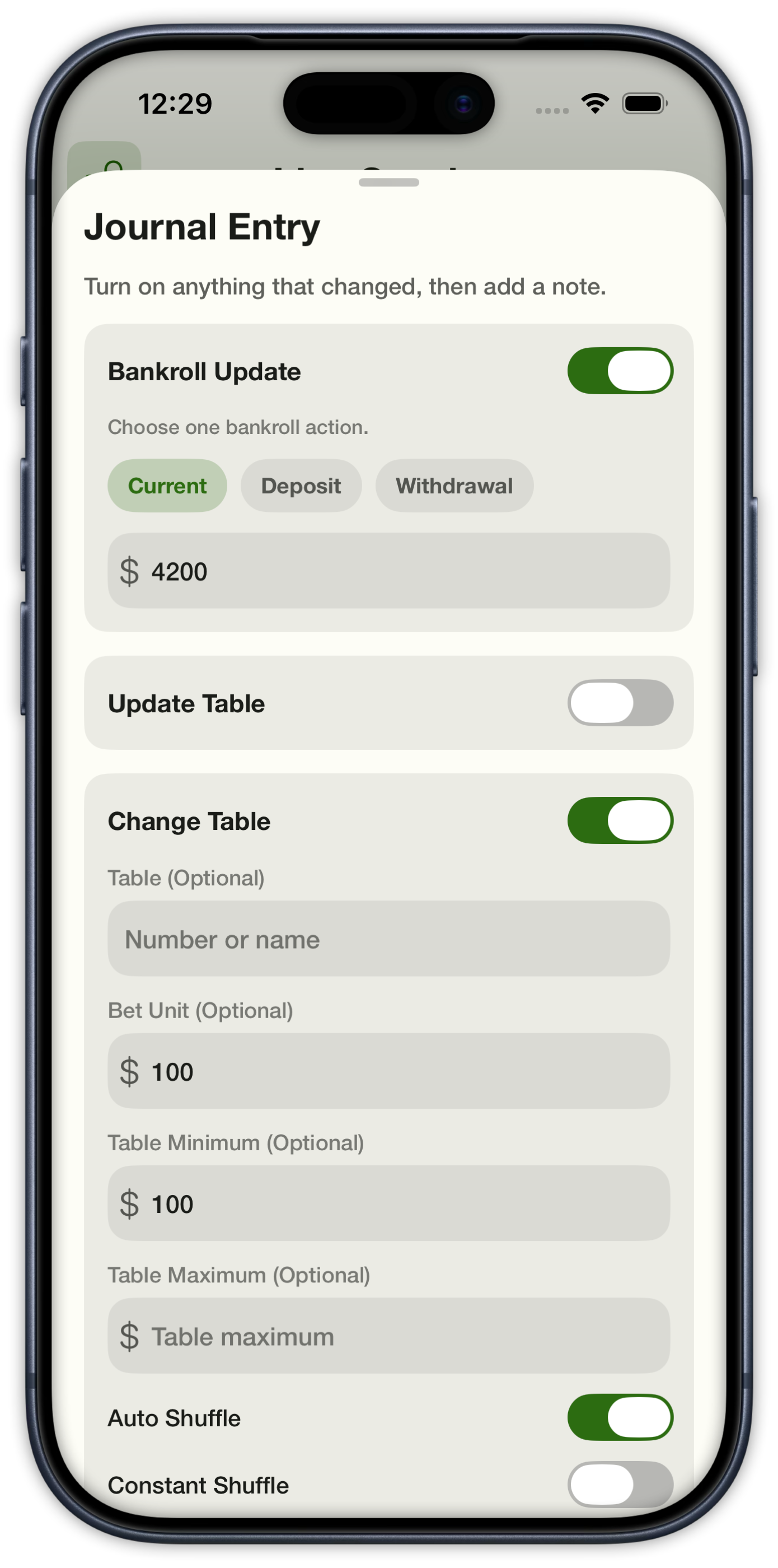 Journal Entry sheet with bankroll update, change table, and optional note
