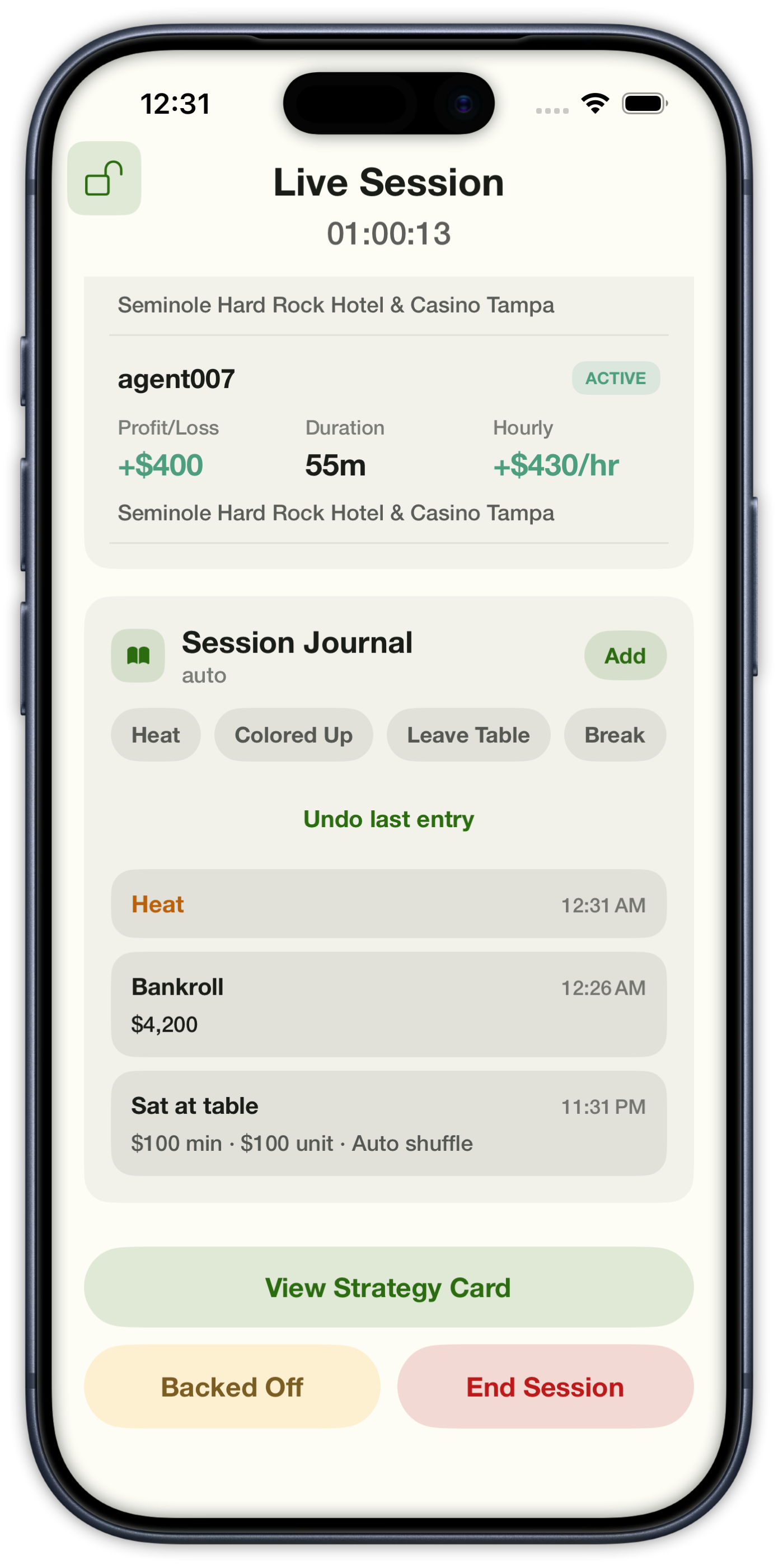 Live session journal showing a Heat entry with profit, duration, and hourly