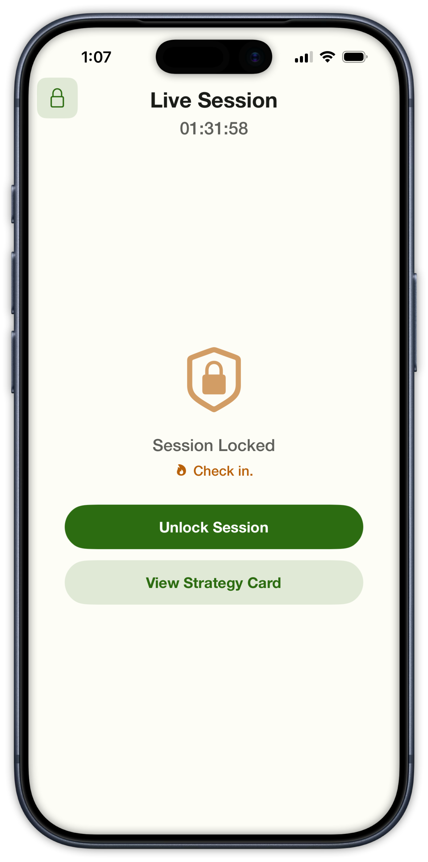 Locked live session with a heat Check in prompt above Unlock Session