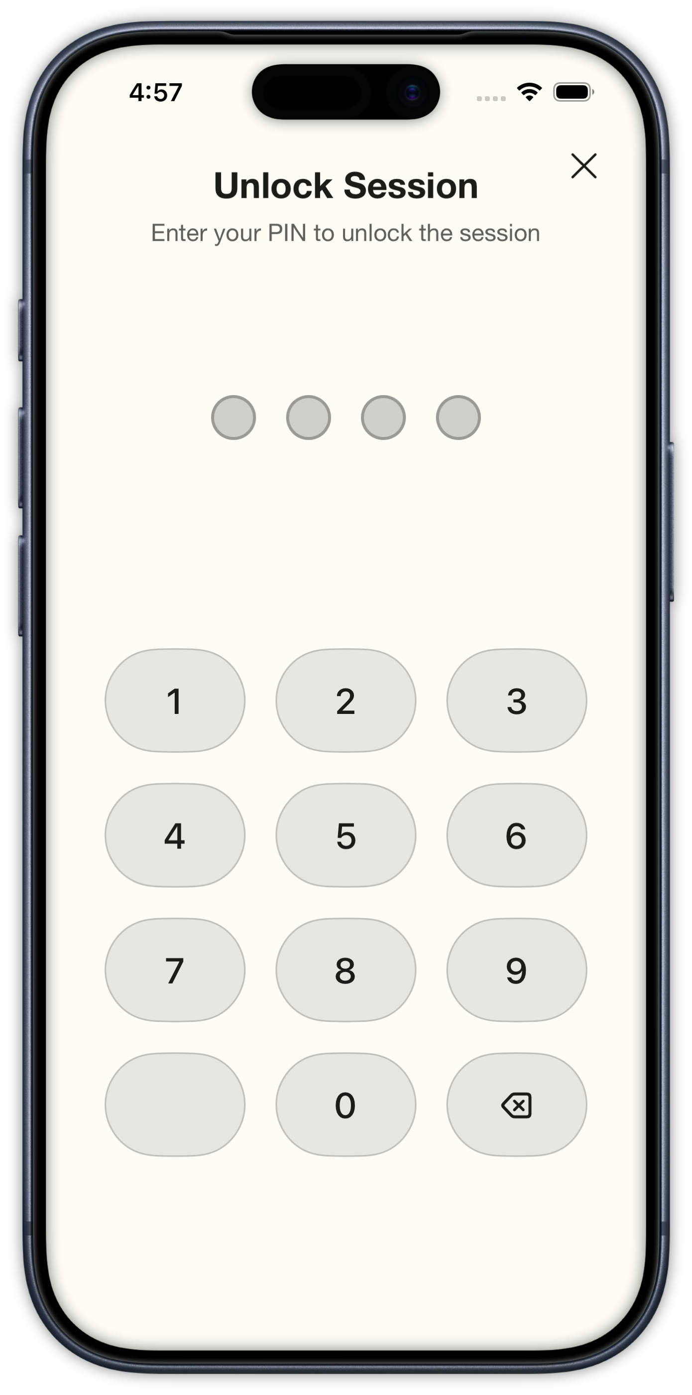 Four-digit PIN entry to unlock a live session