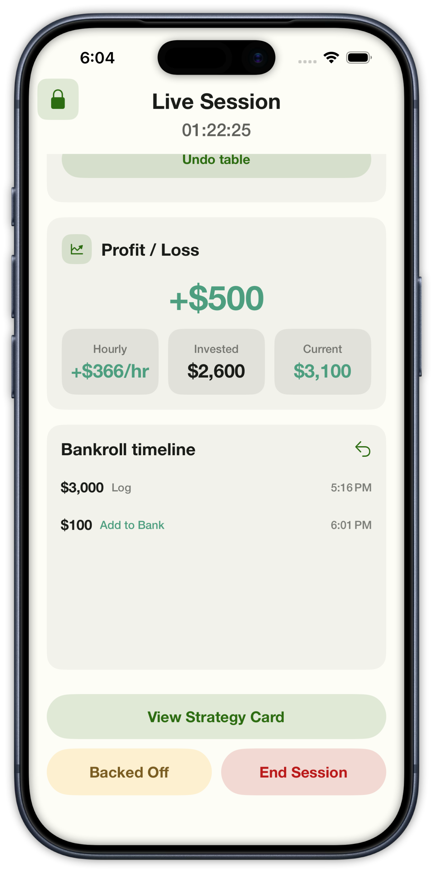 Live session profit and loss with hourly rate and a bankroll timeline