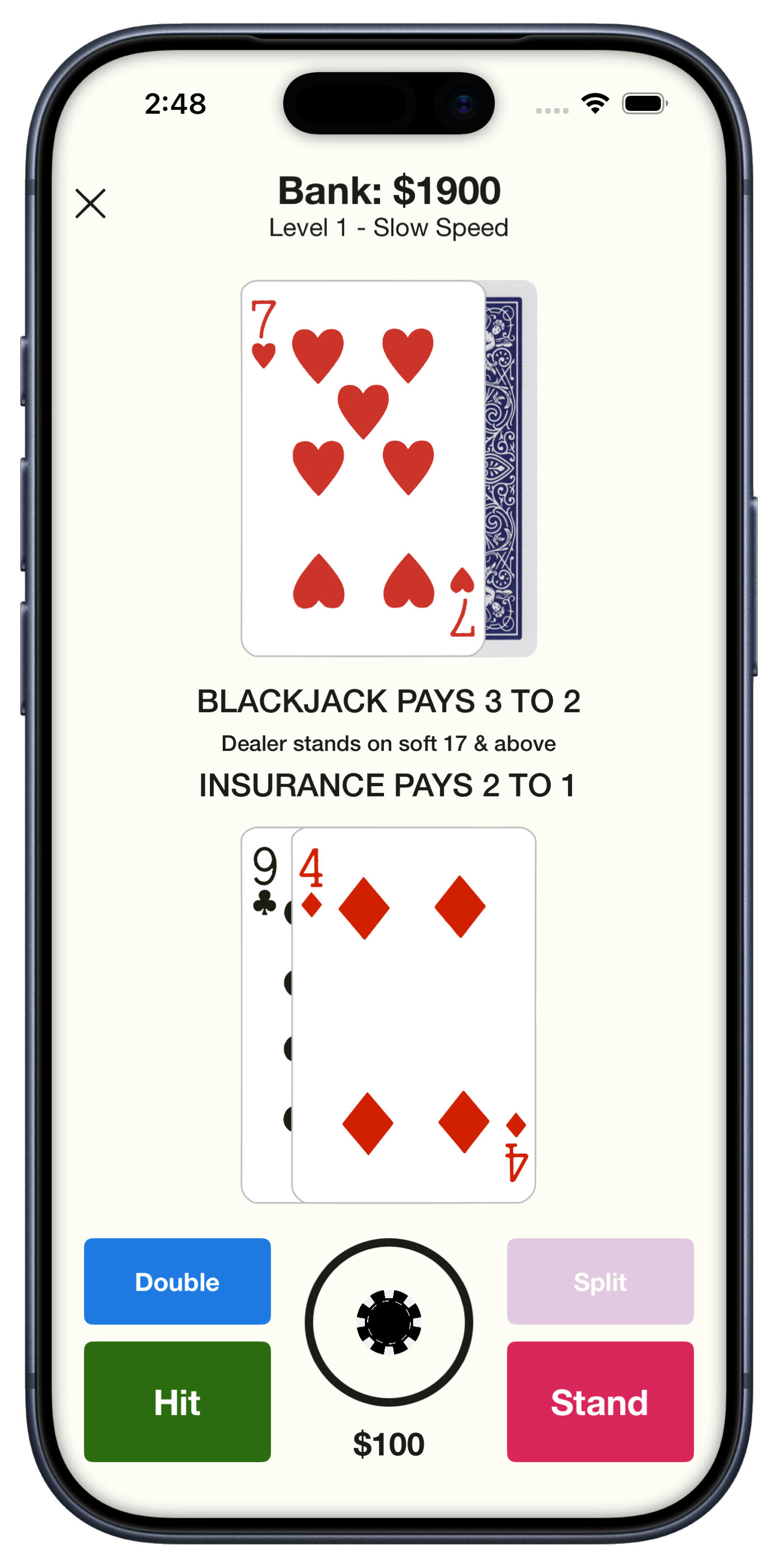 Play Blackjack with Hit, Stand, Double, and Split on a live hand