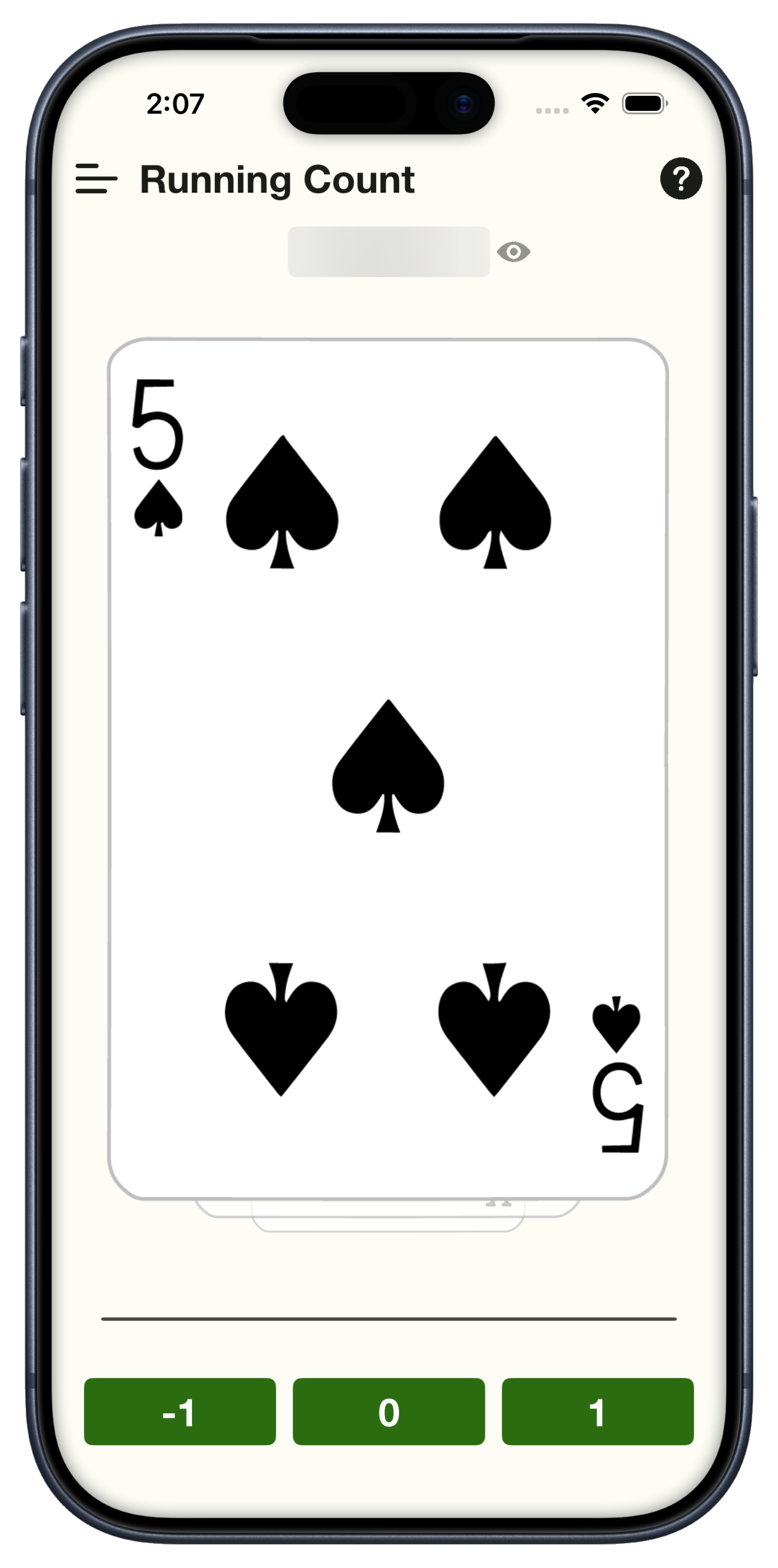 Running Count practice with a 5 of spades and -1, 0, +1 buttons