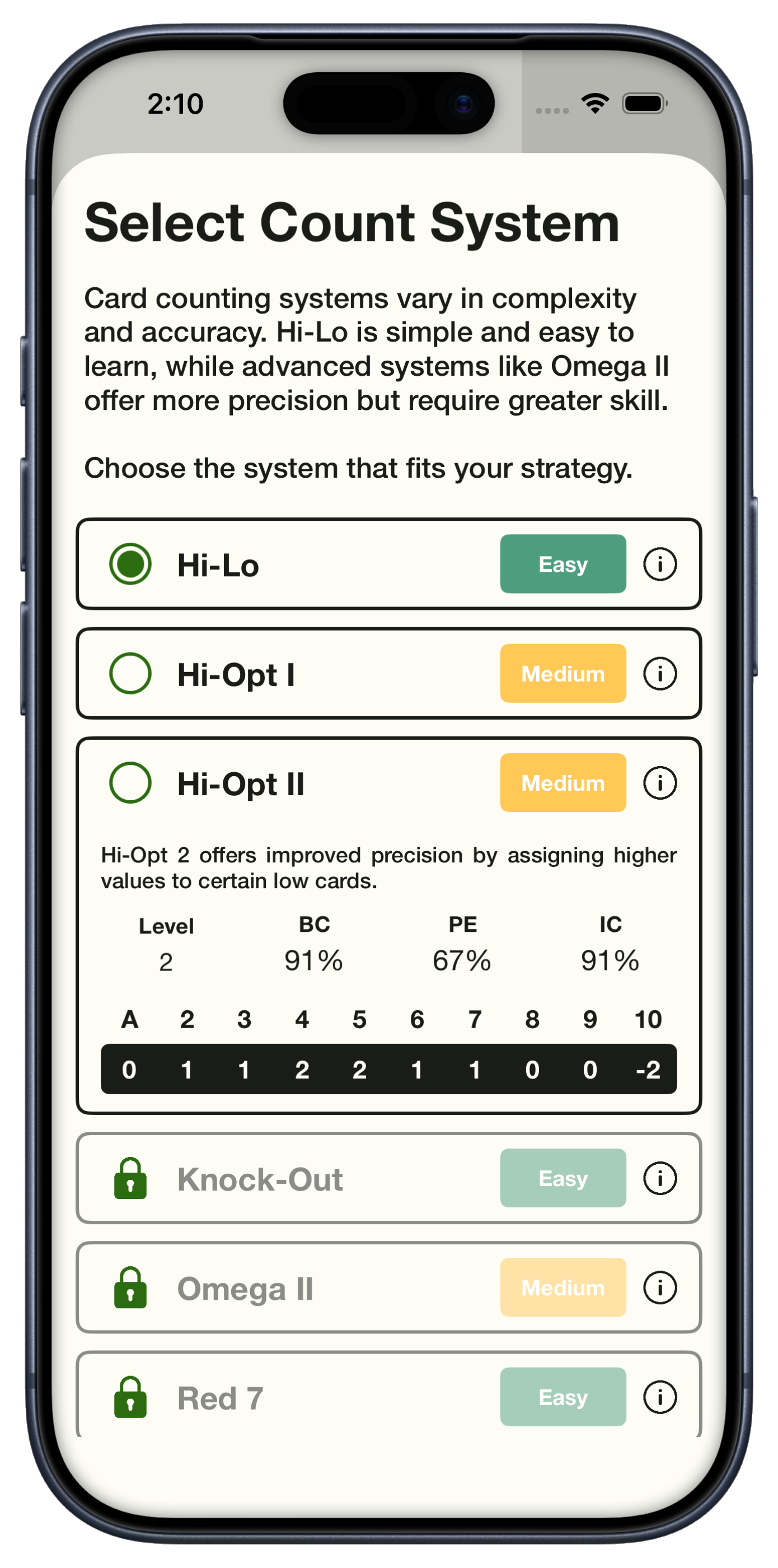 Select Count System screen with Hi-Lo active and Pro systems locked