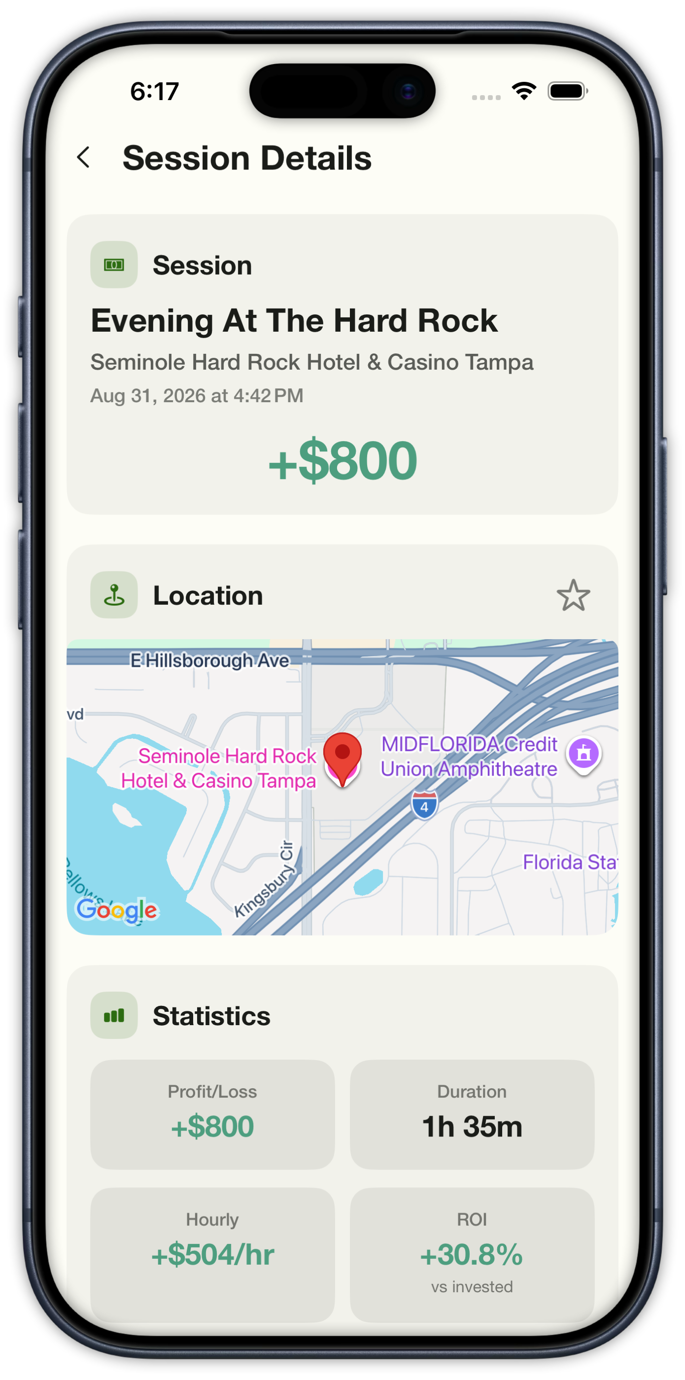 Session details with casino map, profit, duration, hourly rate, and ROI