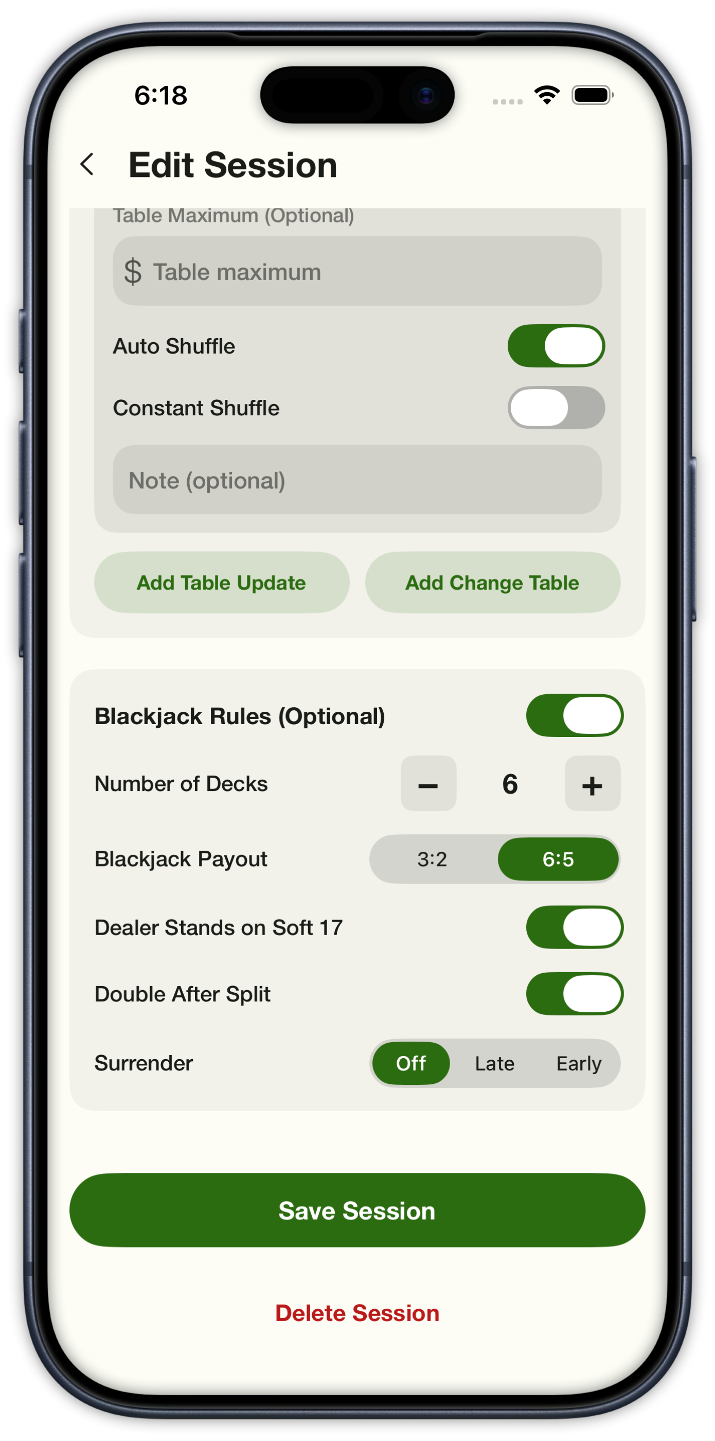 Edit Session blackjack rules including decks, payout, and surrender
