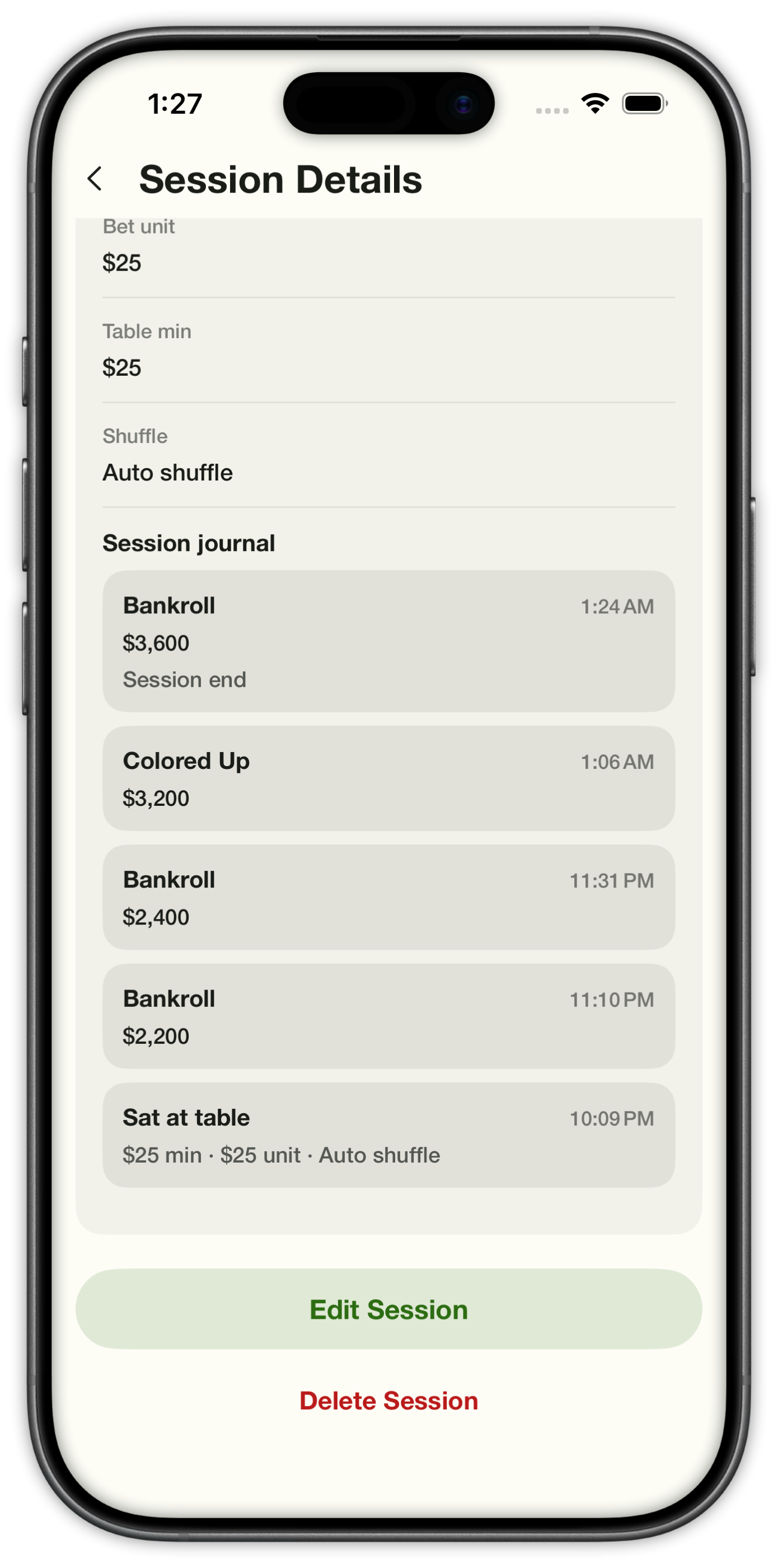Session Journal after walking with bankroll, colored up, and sat-at-table entries