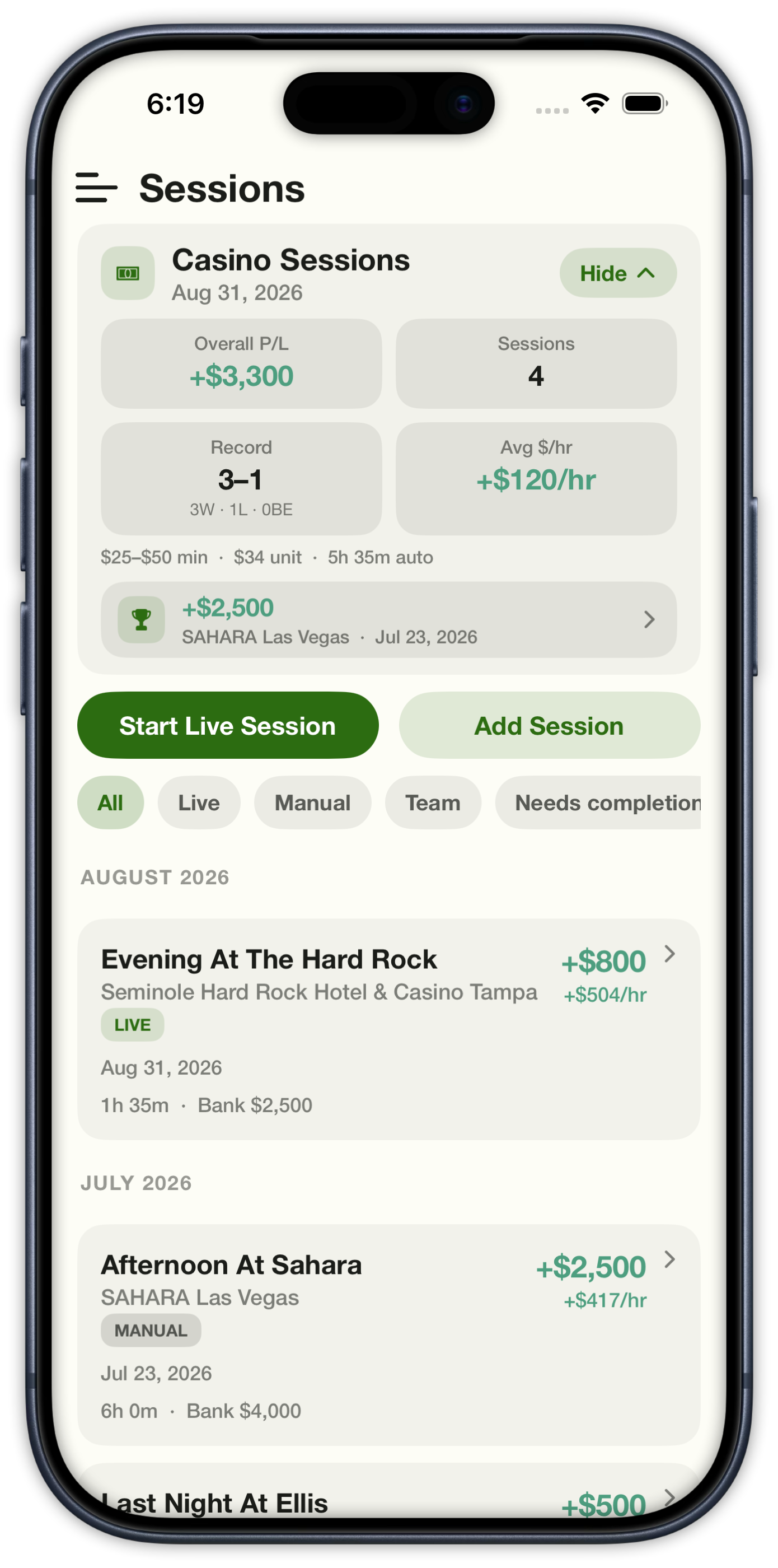 Sessions list with overall profit, win record, and live versus manual filters