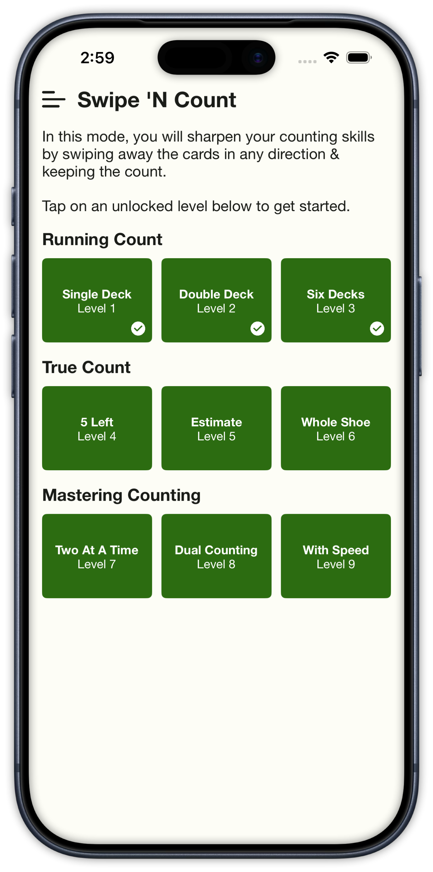 Swipe & Count level select with Running Count, True Count, and Mastering Counting