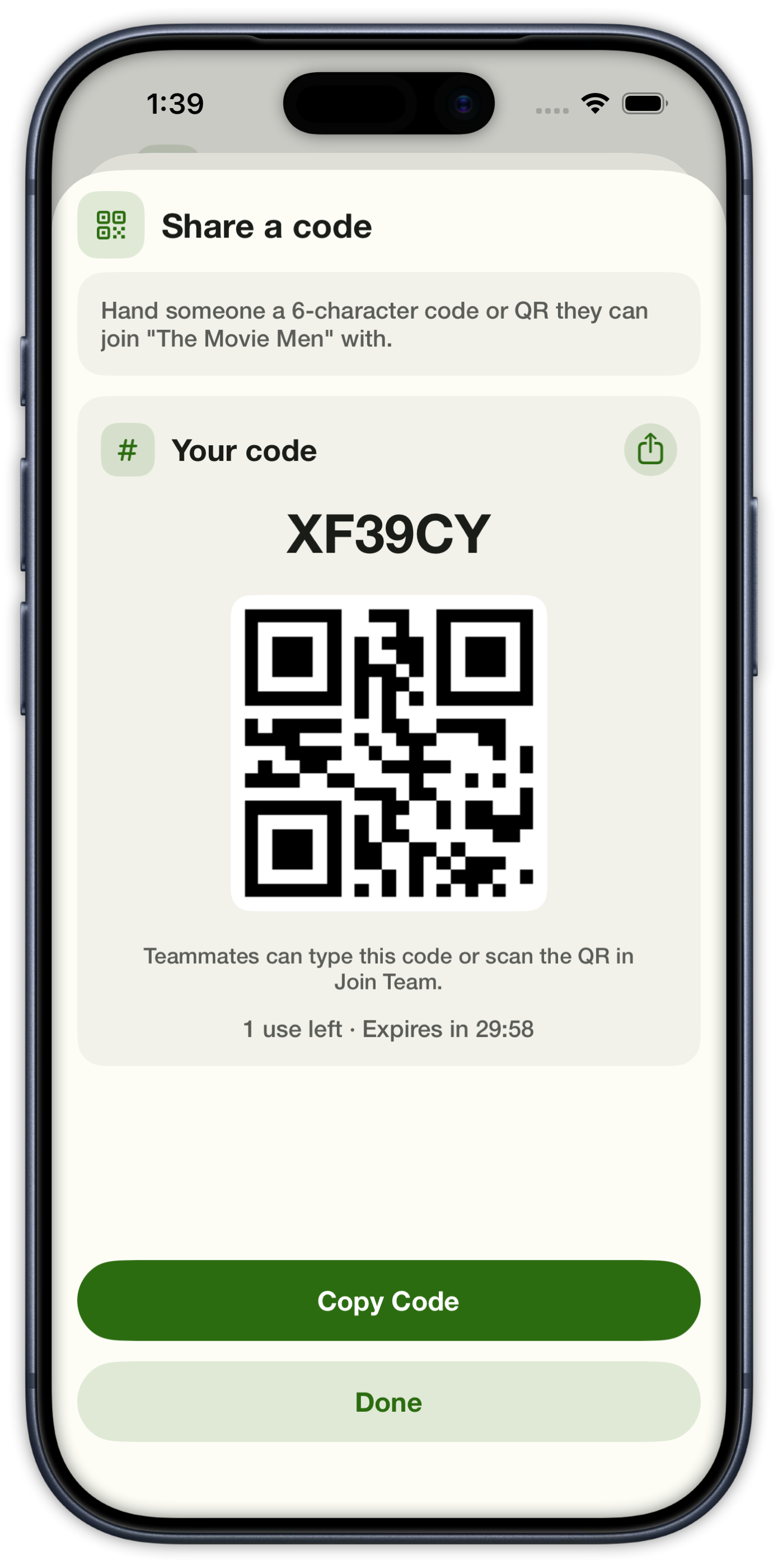 A six-character team invite code with a QR, copy, uses left, and a countdown until it expires