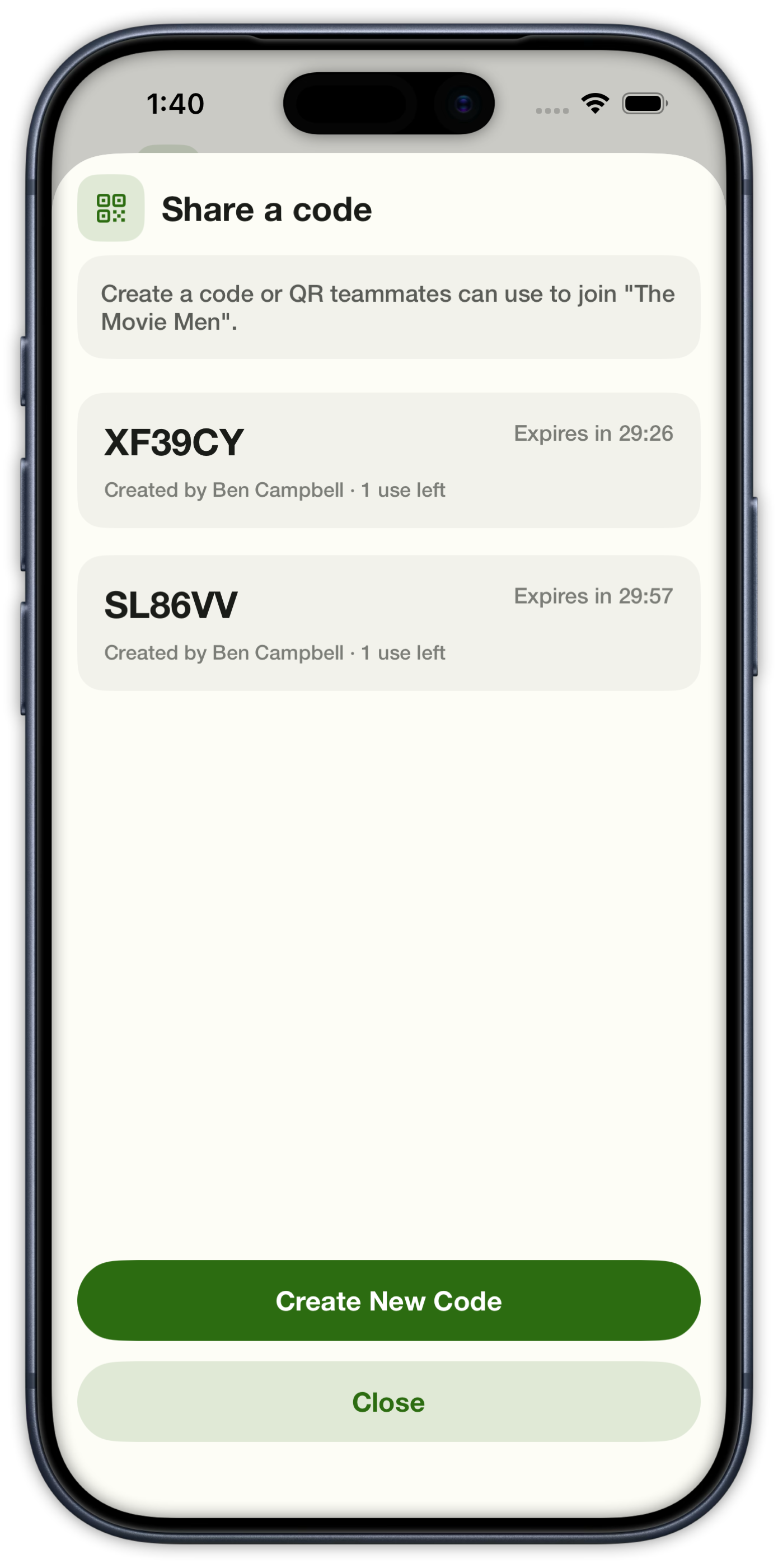 Active invite codes for a team with uses left, expiration, and create-new-code