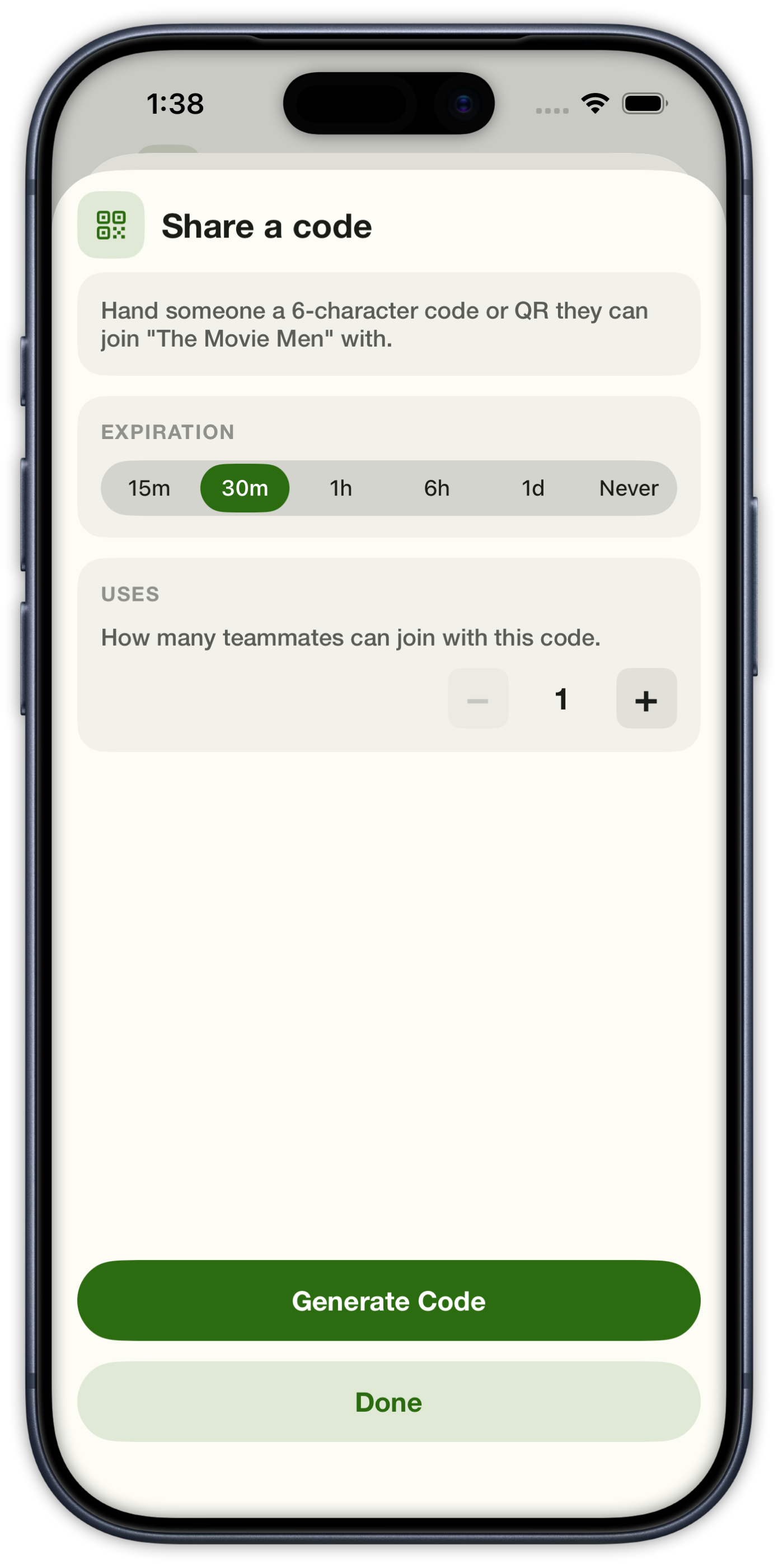 Create a join code with expiration from 15 minutes to never and a use limit
