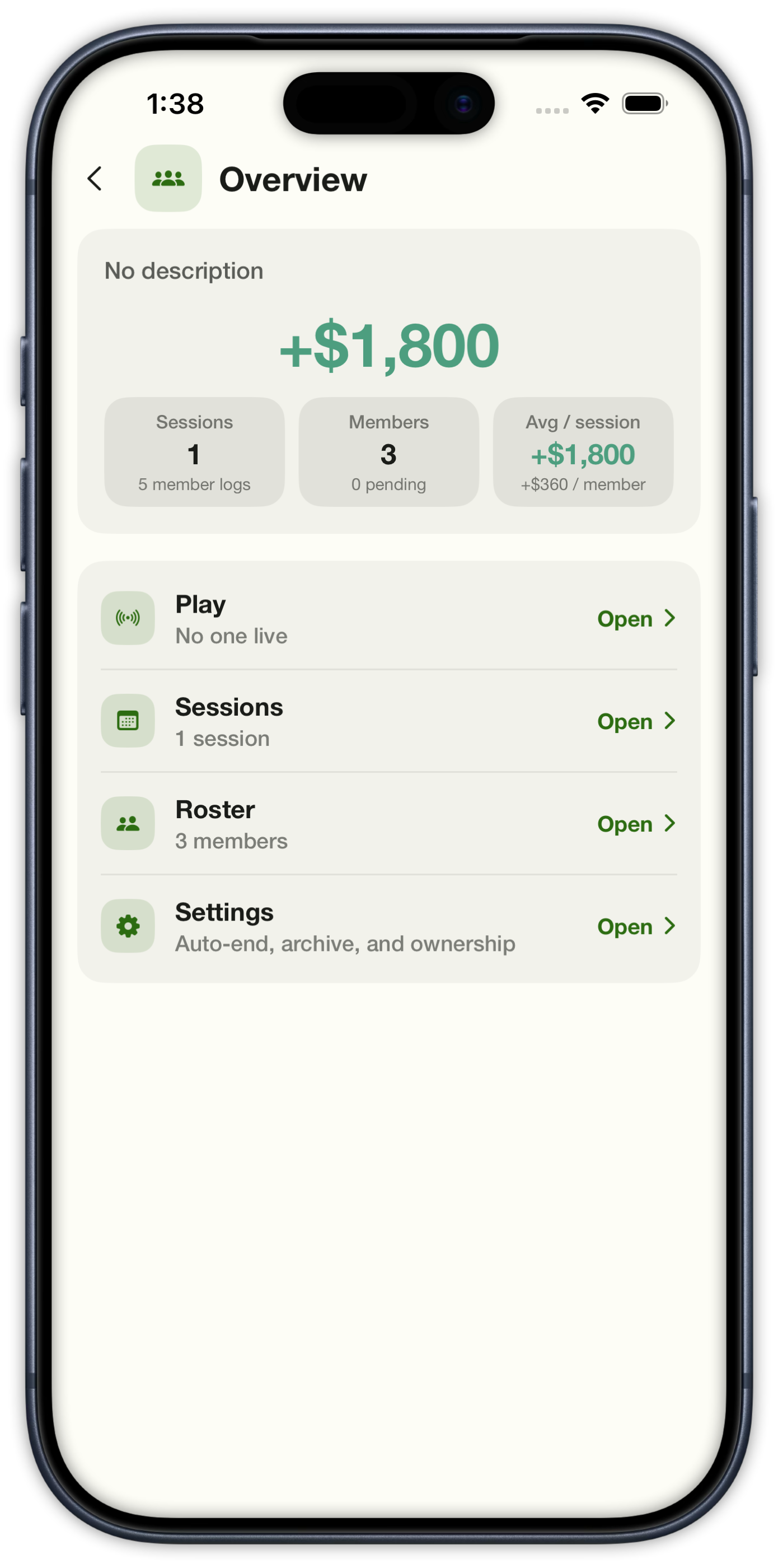Team Overview with total P/L, session and member counts, plus Play, Sessions, Roster, and Settings