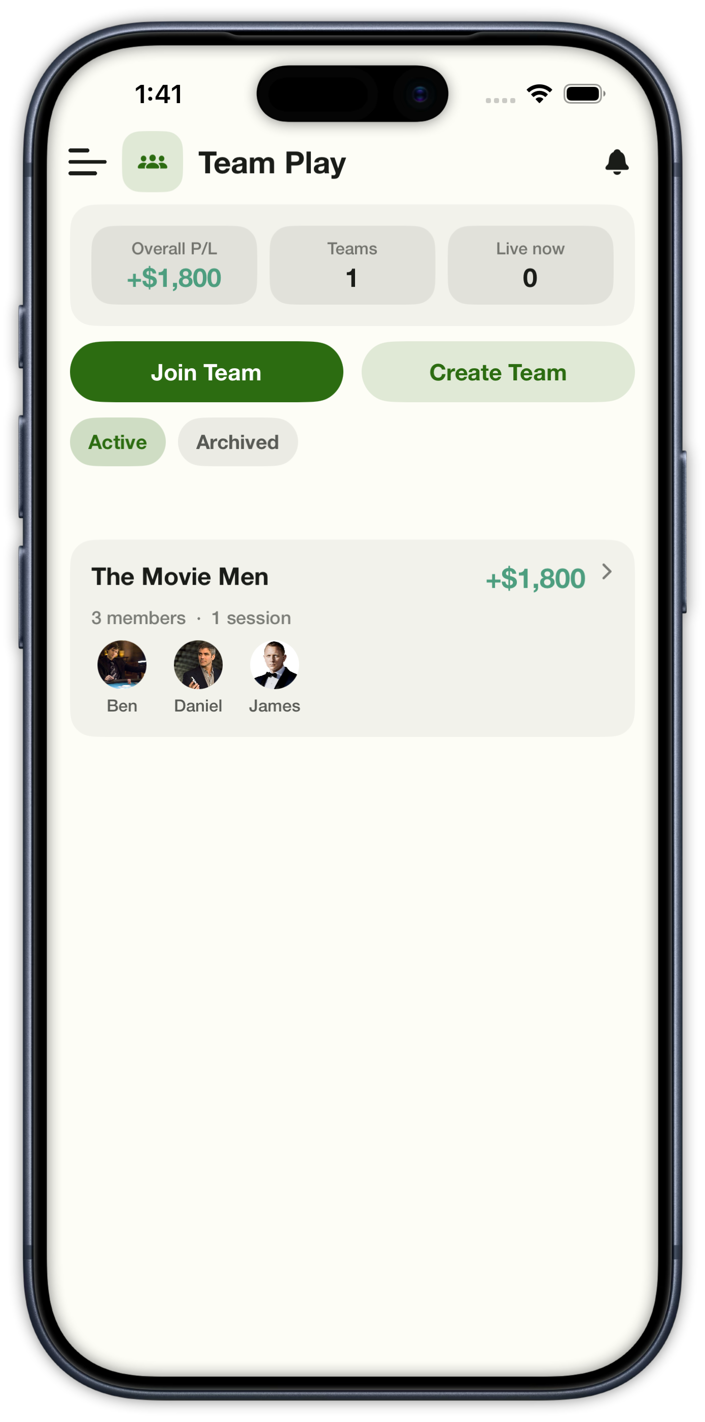 Team Play hub with overall P/L, Join Team, Create Team, and The Movie Men card