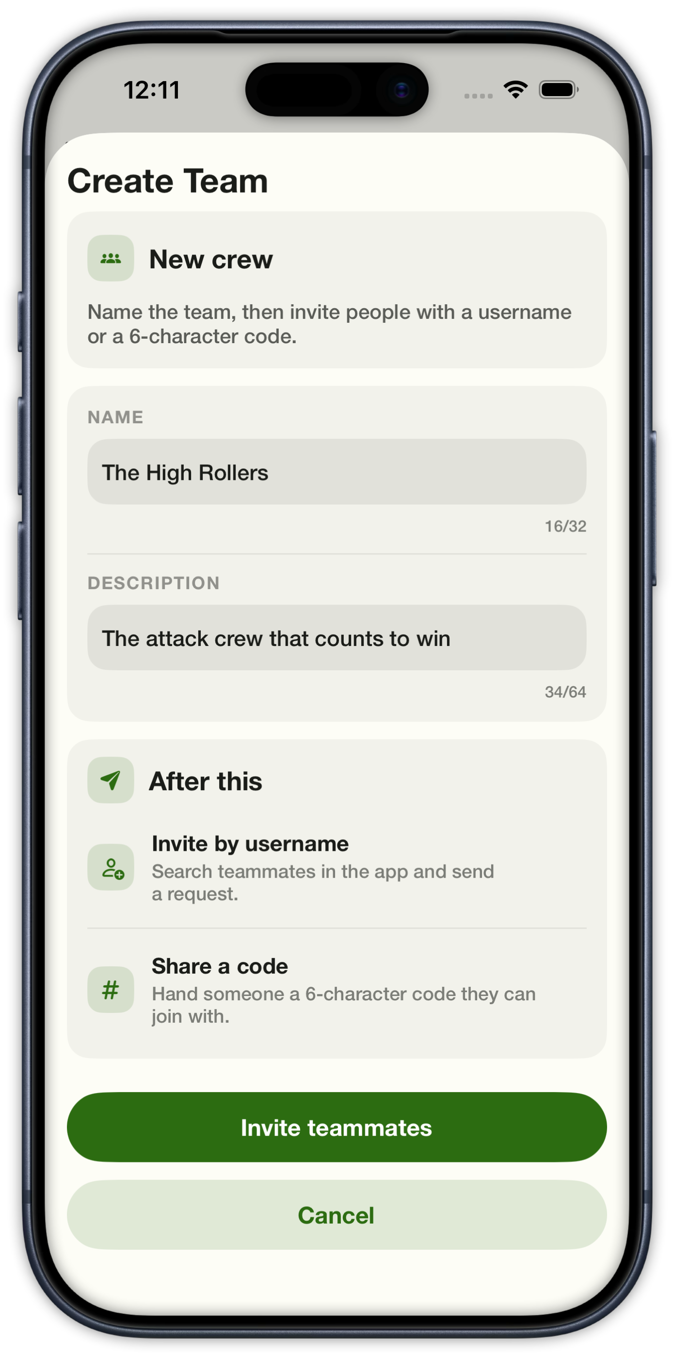 Create Team with name, description, and a note that you share a join code or QR after the team exists